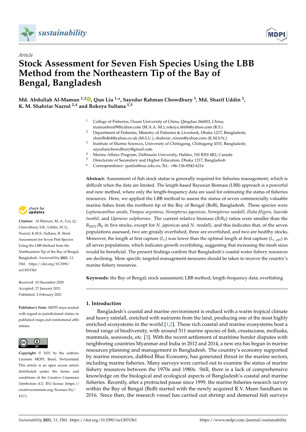 Stock Assessment for Seven Fish Species Using the LBB Method from the Northeastern Tip of the Bay of Bengal, Bangladesh