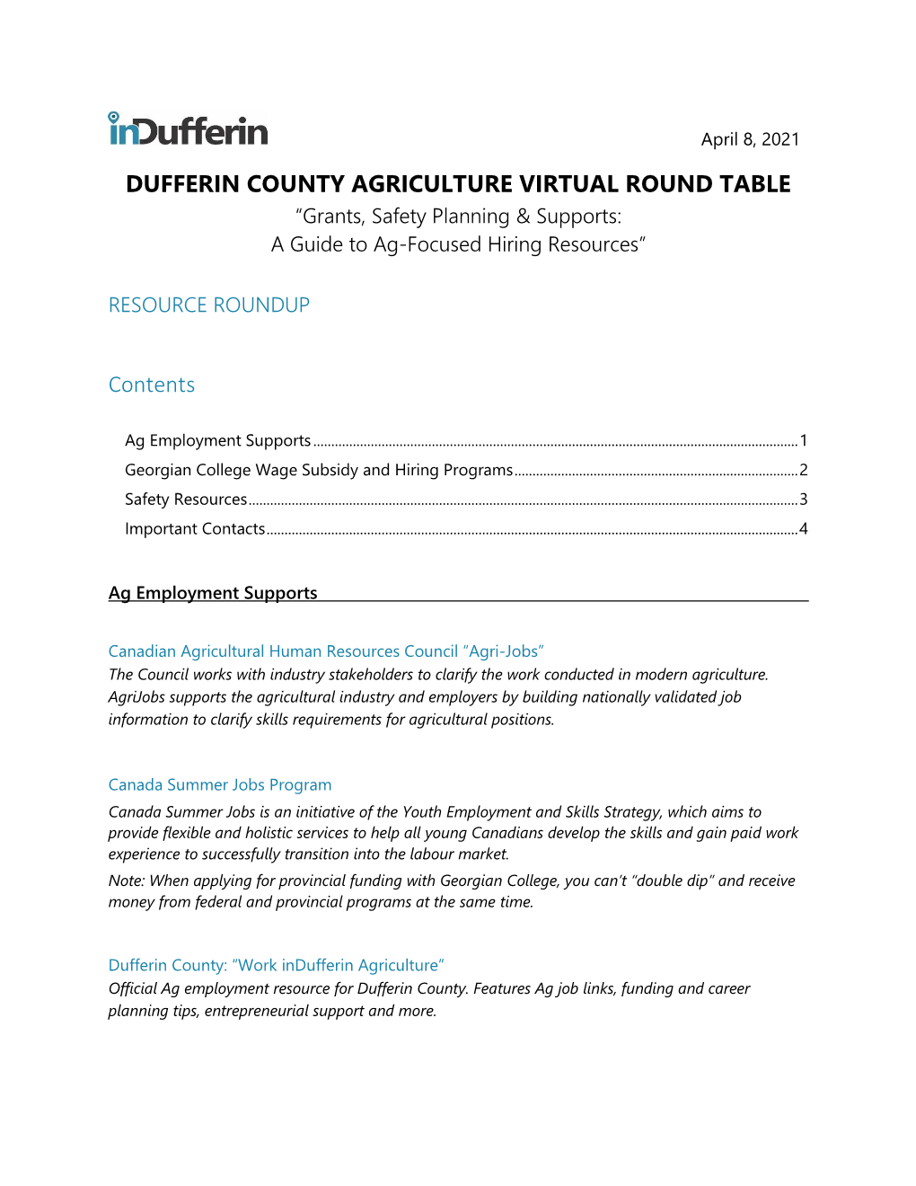 DUFFERIN COUNTY AGRICULTURE VIRTUAL ROUND TABLE Contents