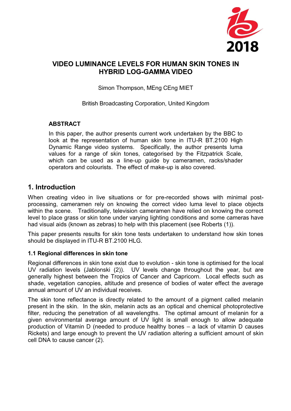 Video Luminance Levels for Human Skin Tones in Hybrid Log-Gamma Video