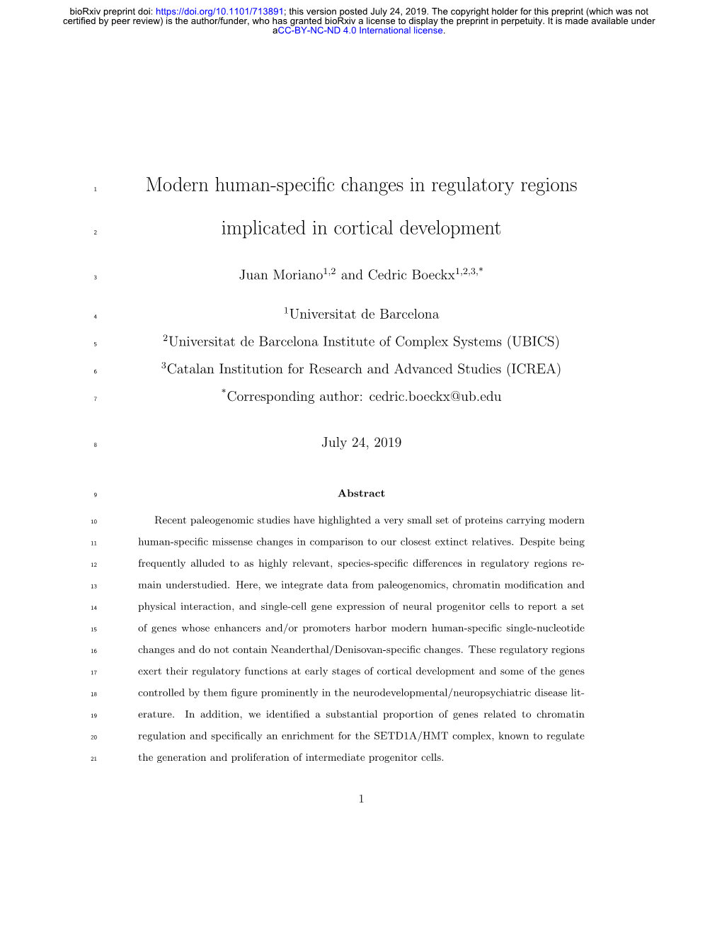 Modern Human-Specific Changes in Regulatory Regions Implicated In