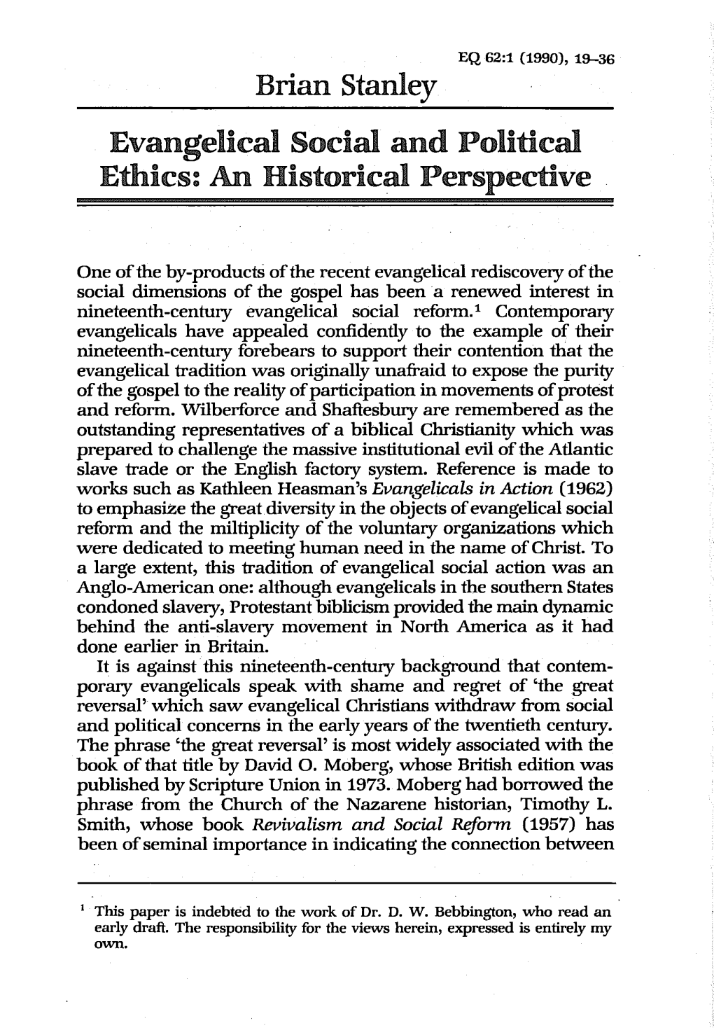 Brian Stanley Evangelical Social and Political Ethics: an Historical Perspective