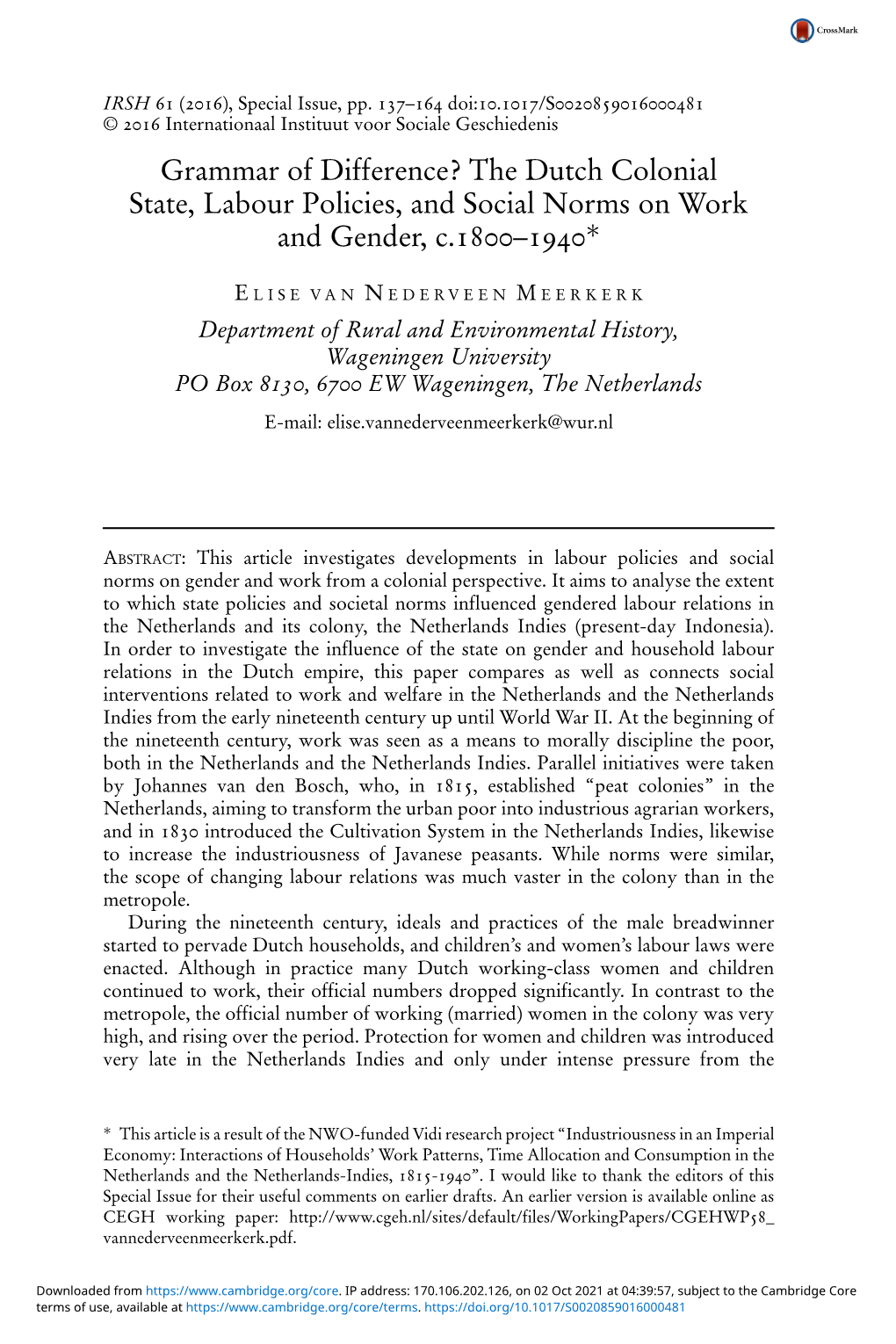 Grammar of Difference? the Dutch Colonial State, Labour Policies, and Social Norms on Work and Gender, C.1800–1940*