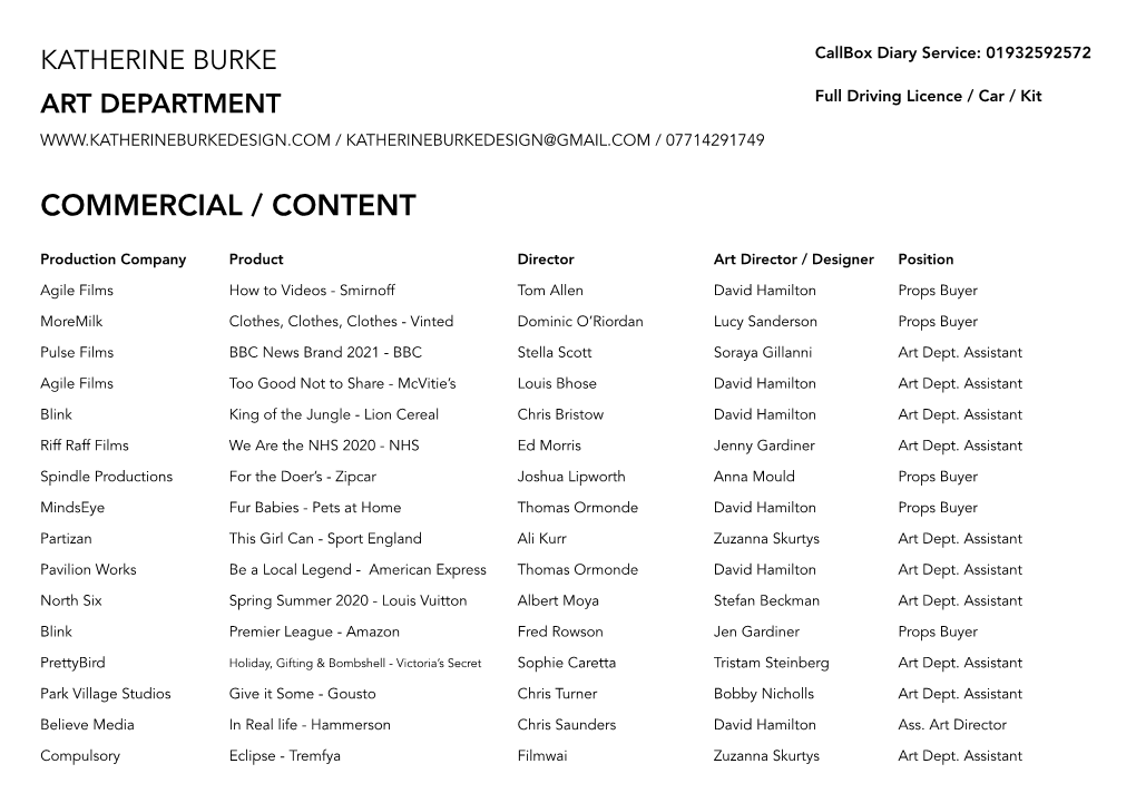 Katherine Burke CV (Art. Dept. Assistant)