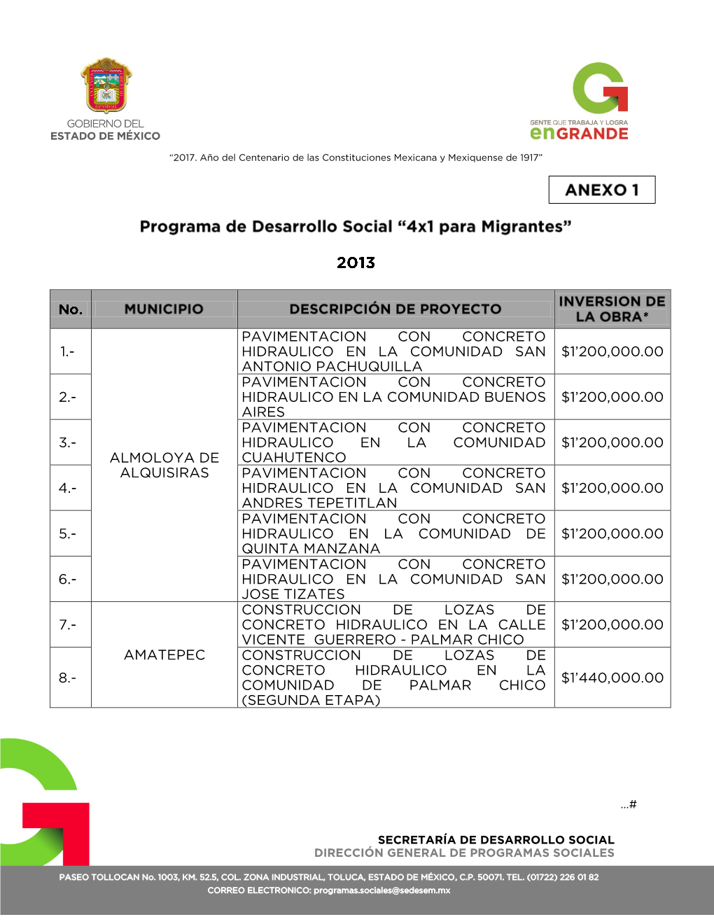 1.- Almoloya De Alquisiras Pavimentacion Con