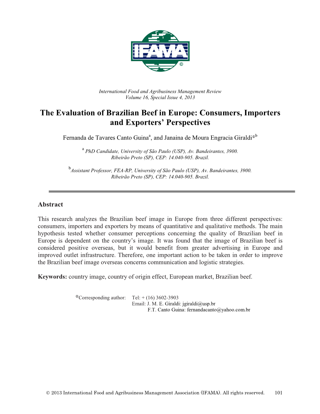 The Evaluation of Brazilian Beef in Europe: Consumers, Importers and Exporters’ Perspectives