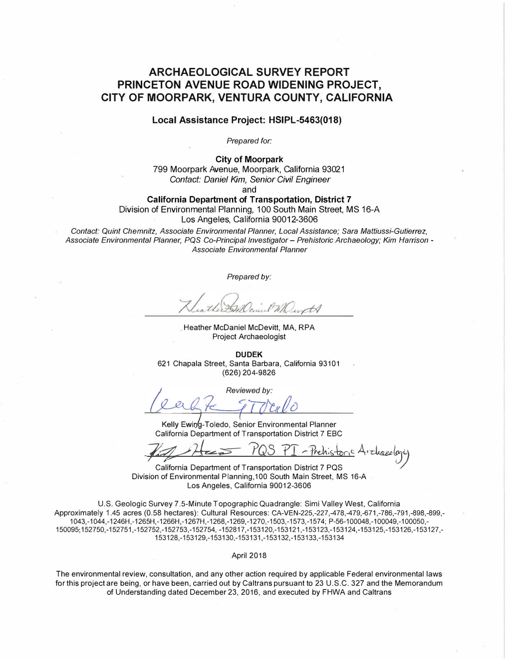 Archaeological Survey Report Princeton Avenue Road Widening Project, City of Moorpark, Ventura County, California