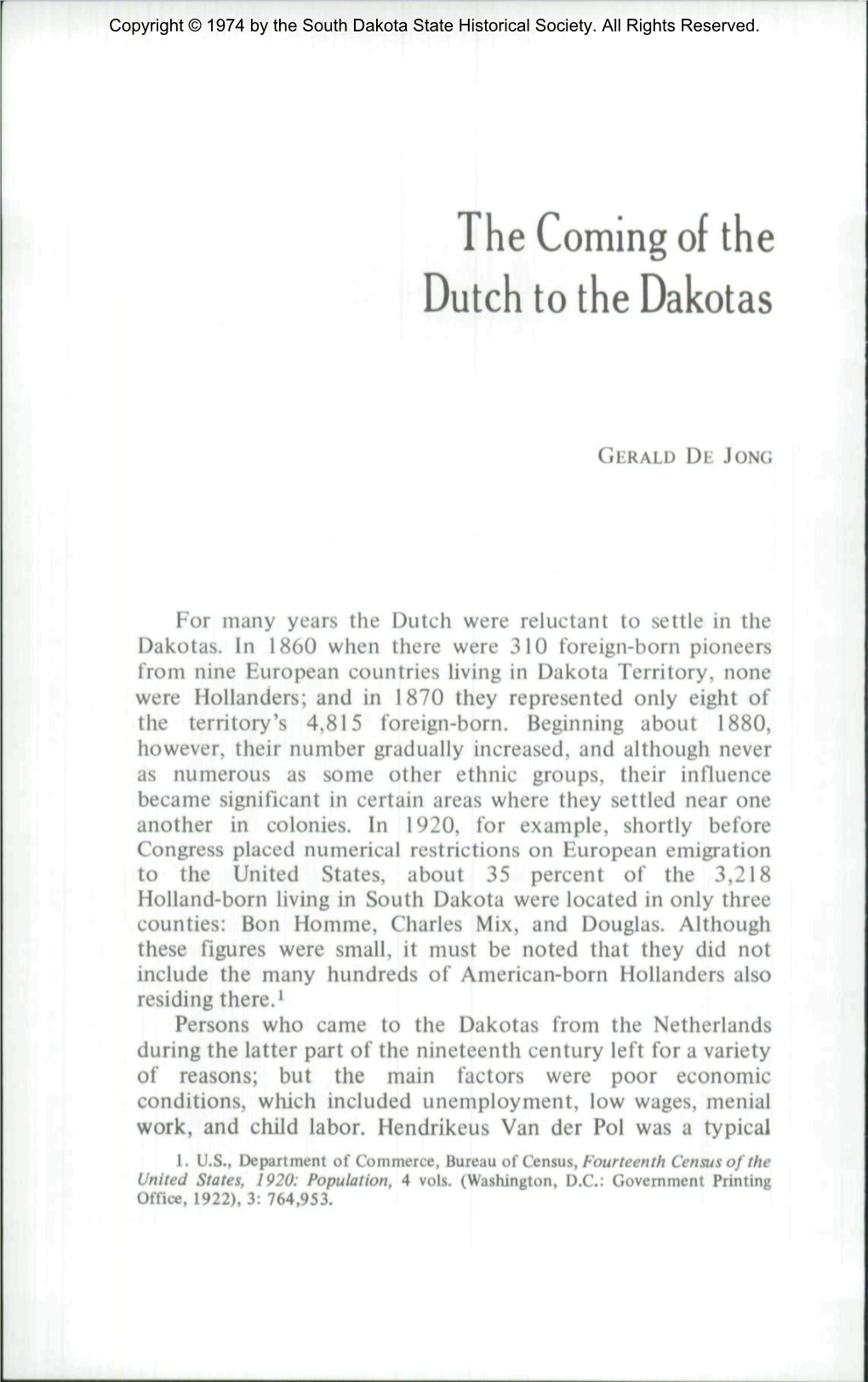 The Coming of the Dutch to the Dakotas