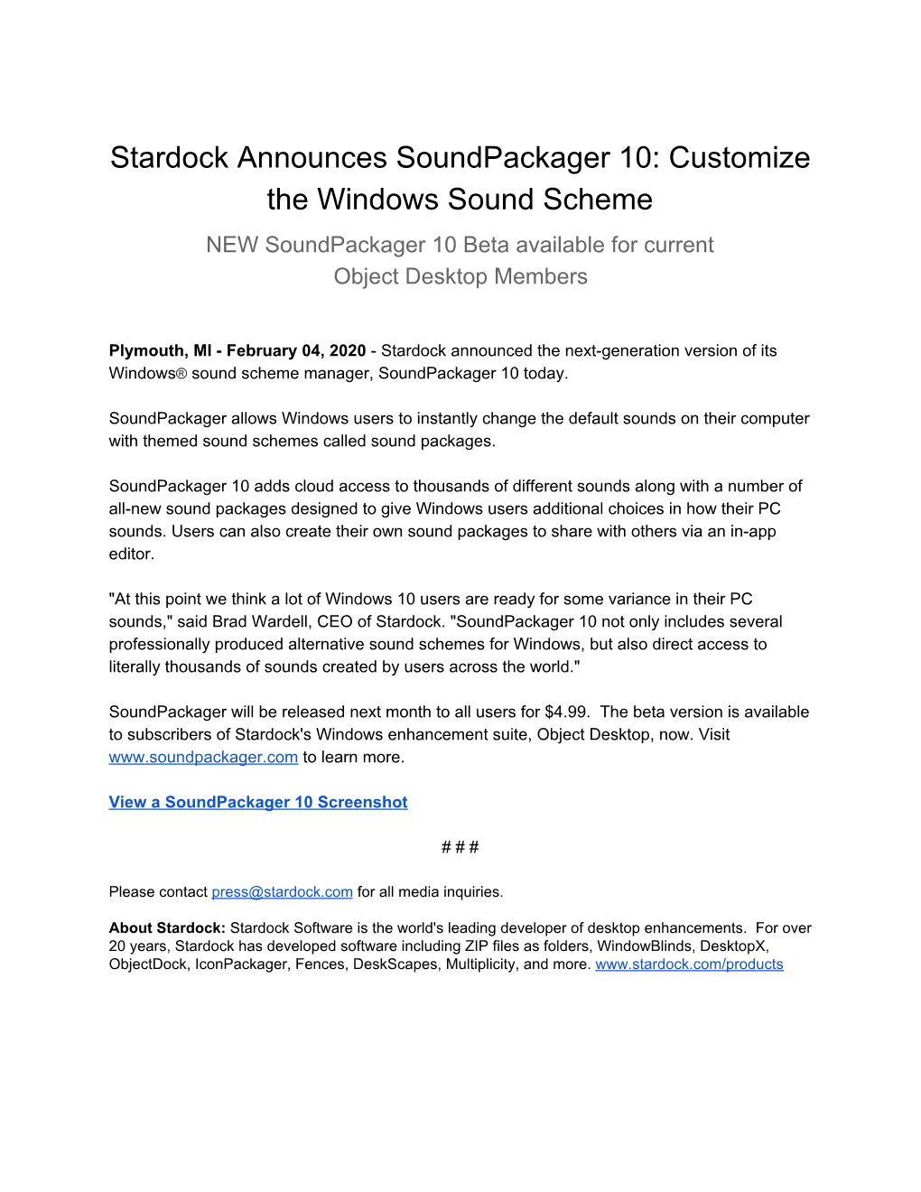 Stardock Announces Soundpackager 10: Customize the Windows Sound Scheme NEW Soundpackager 10 Beta Available for Current Object Desktop Members