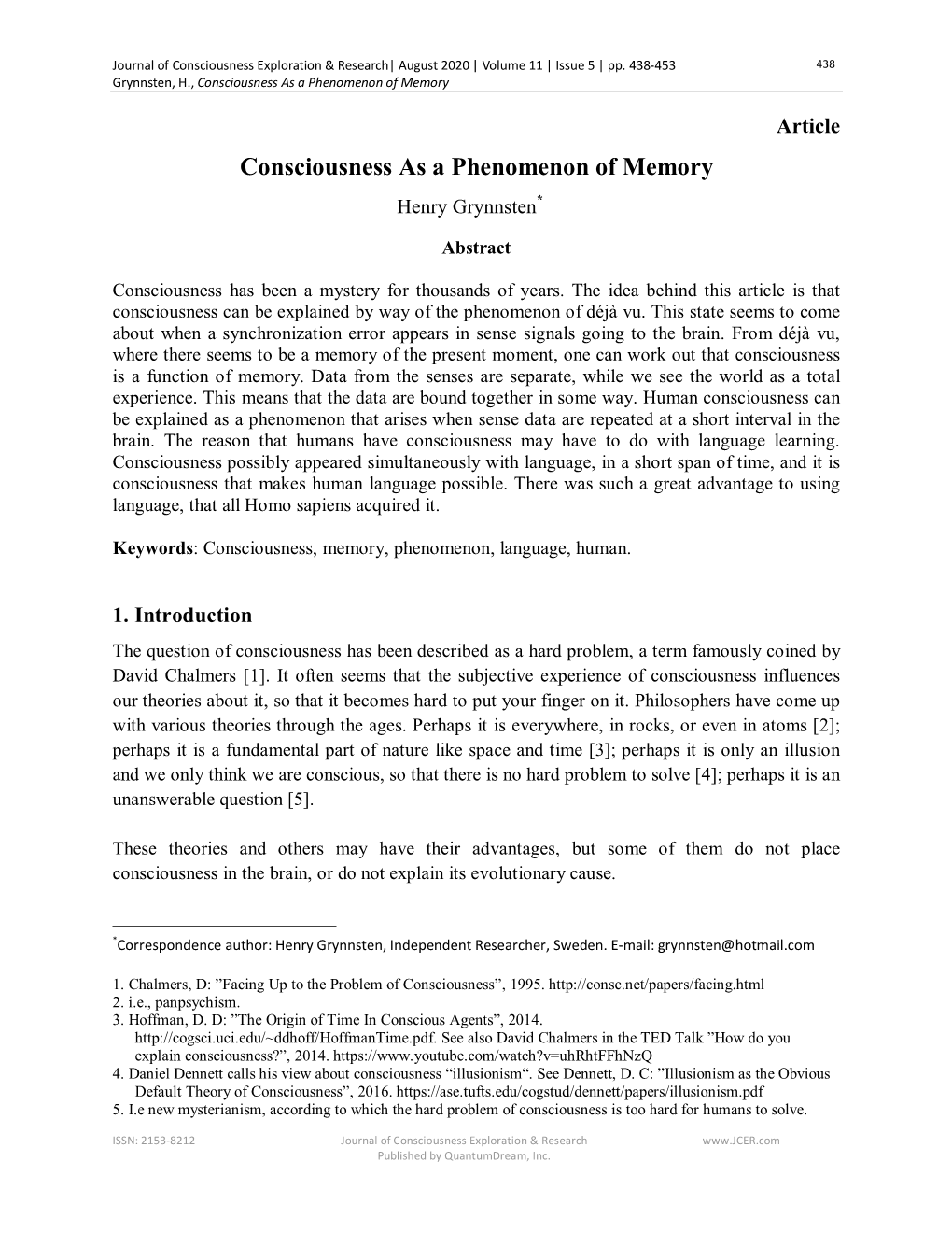 Consciousness As a Phenomenon of Memory