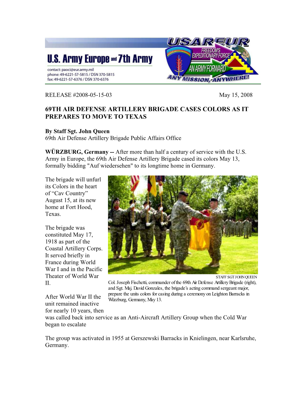 69Th Air Defense Artillery Brigade Cases Colors As It Prepares to Move to Texas