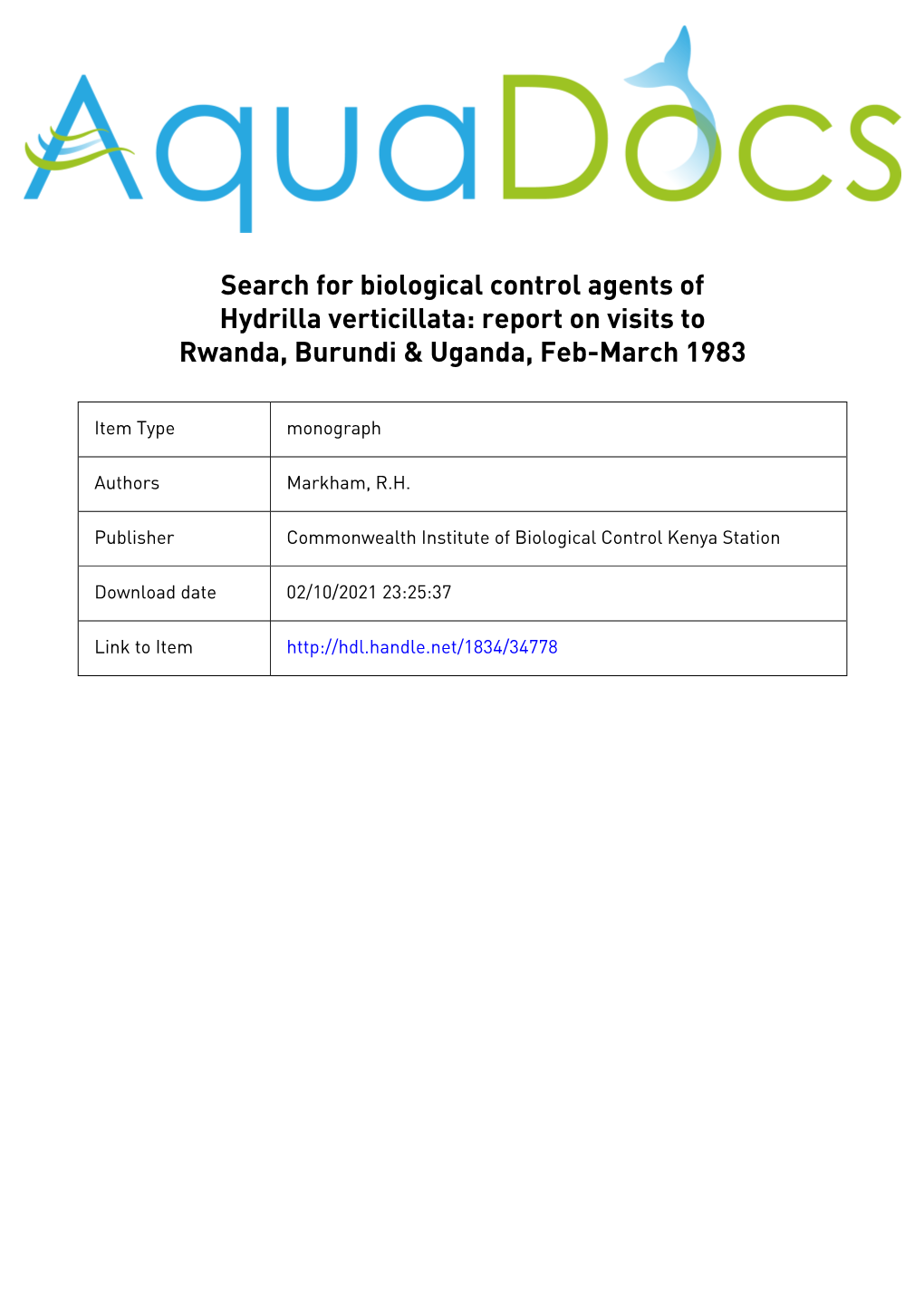 Search for Biological Control Agents of Hydrilla Verticillata: Report on Visits to Rwanda, Burundi & Uganda, Feb-March 1983