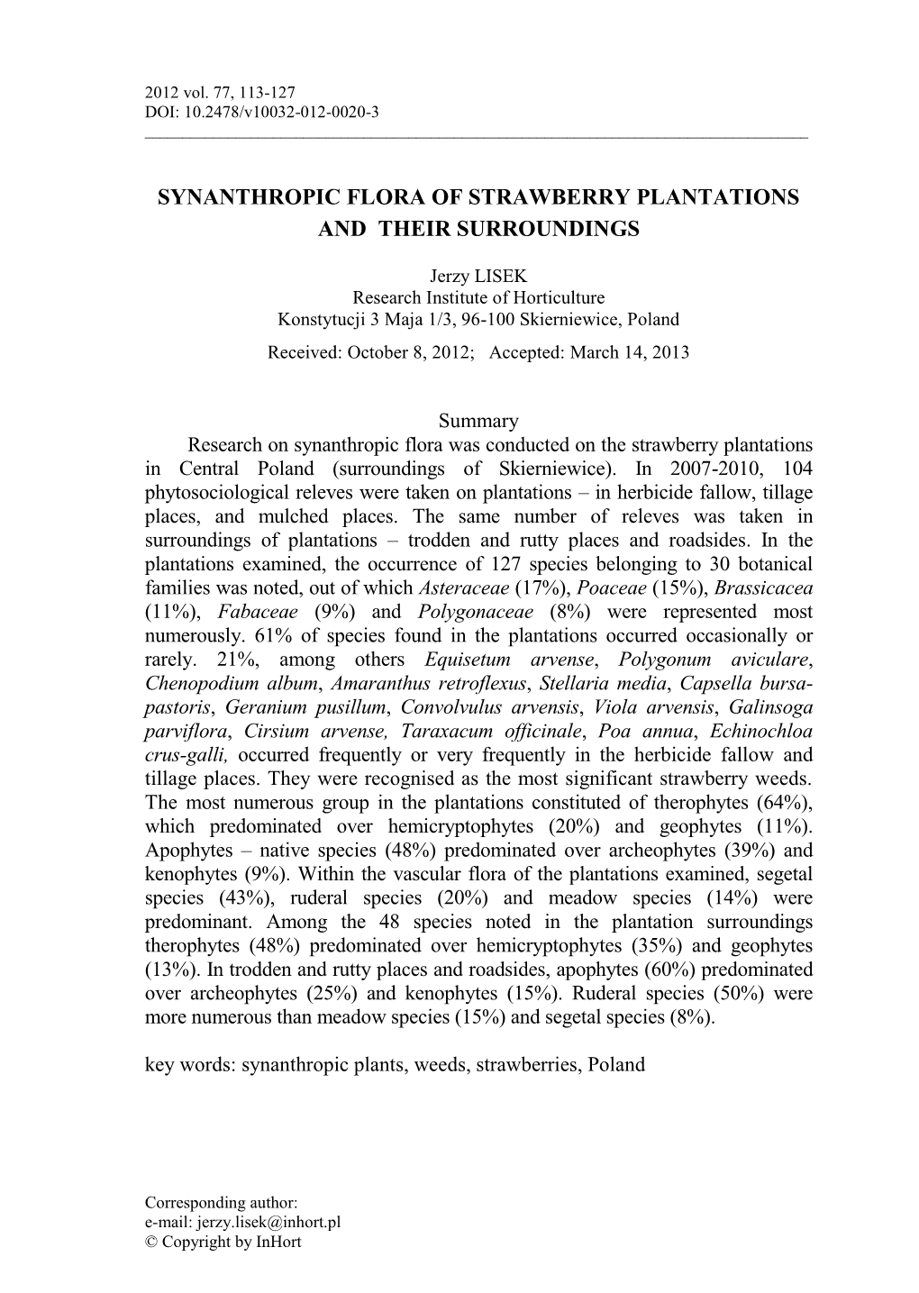 Synanthropic Flora of Strawberry Plantations and Their Surroundings