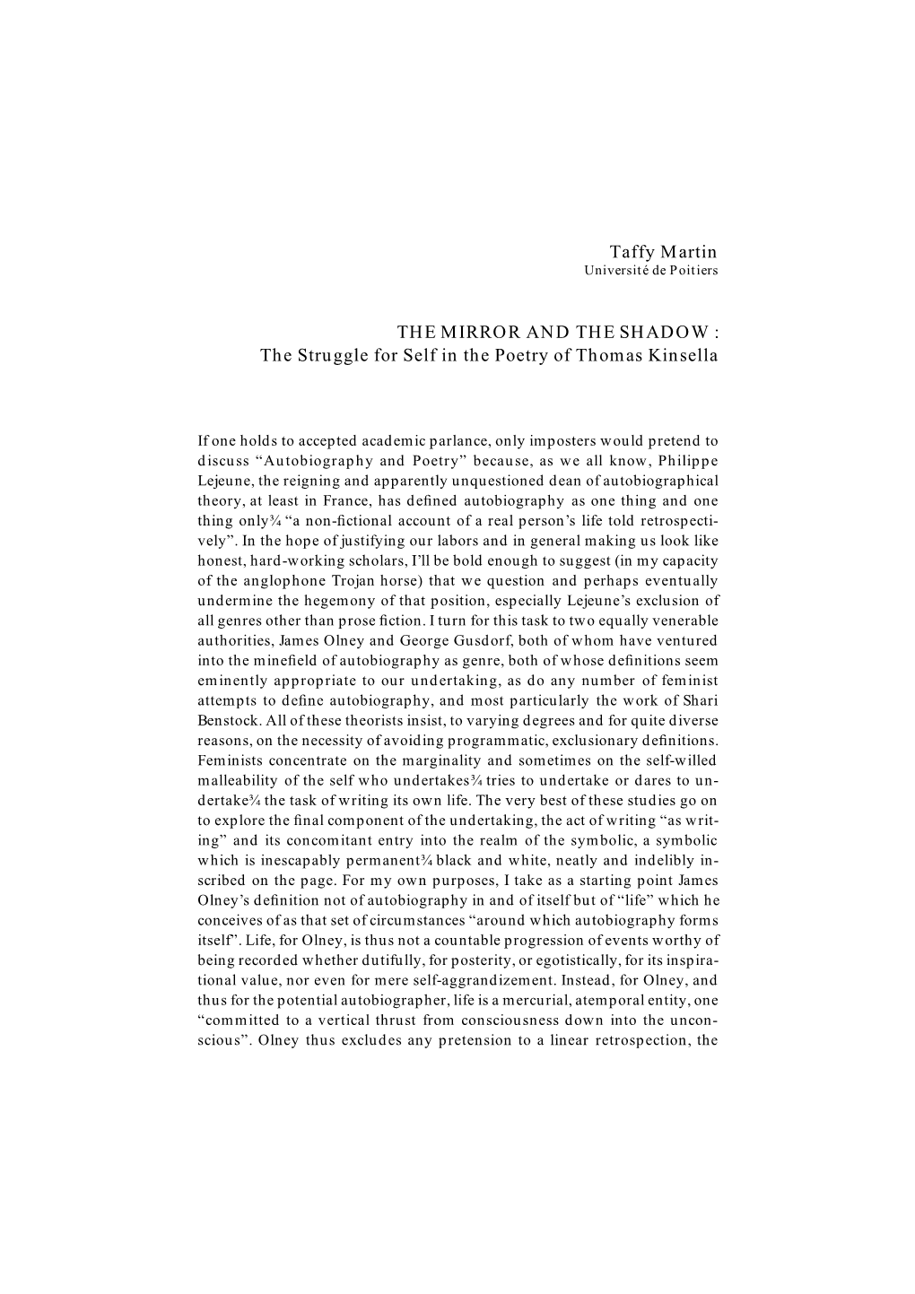 The Struggle for Self in the Poetry of Thomas Kinsella