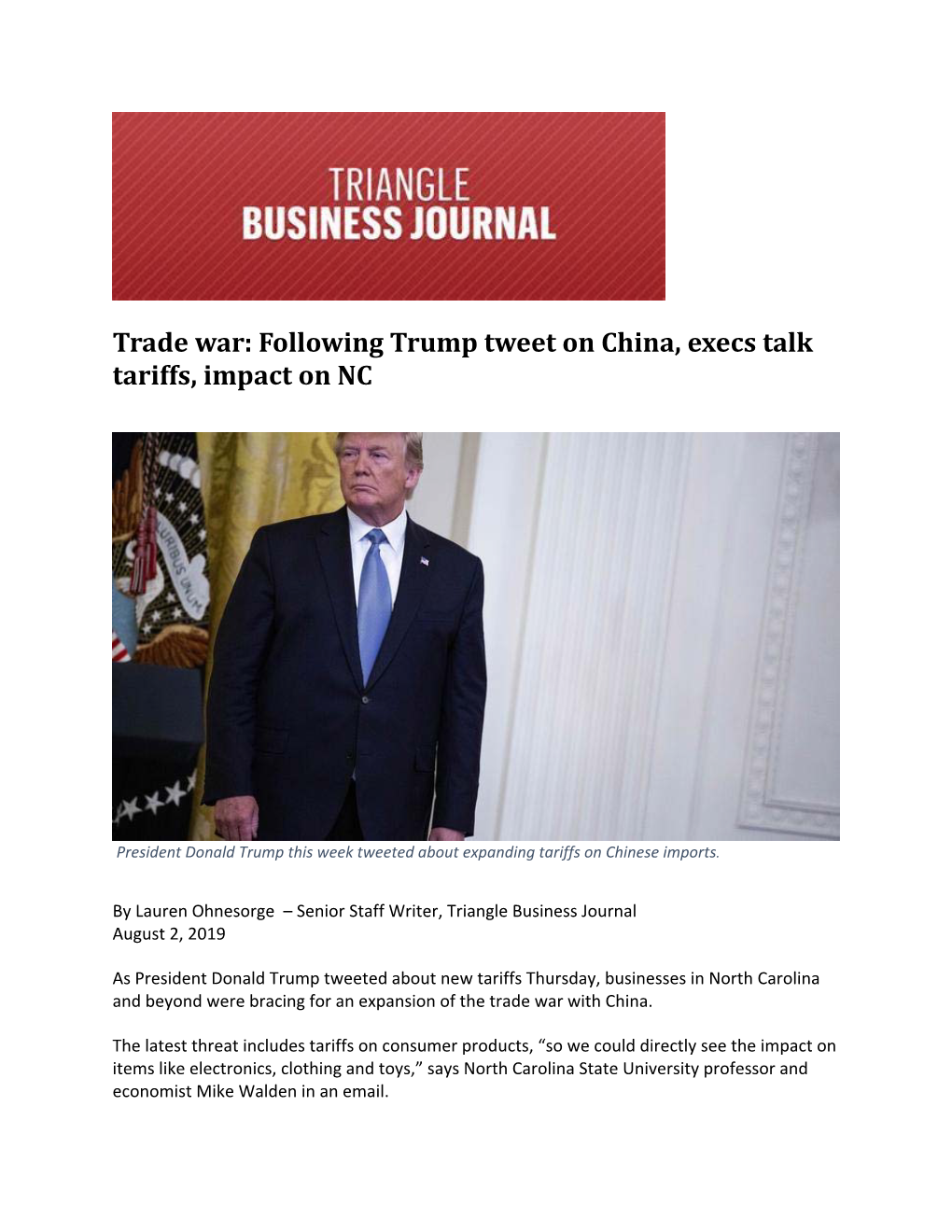 Trade War: Following Trump Tweet on China, Execs Talk Tariffs, Impact on NC