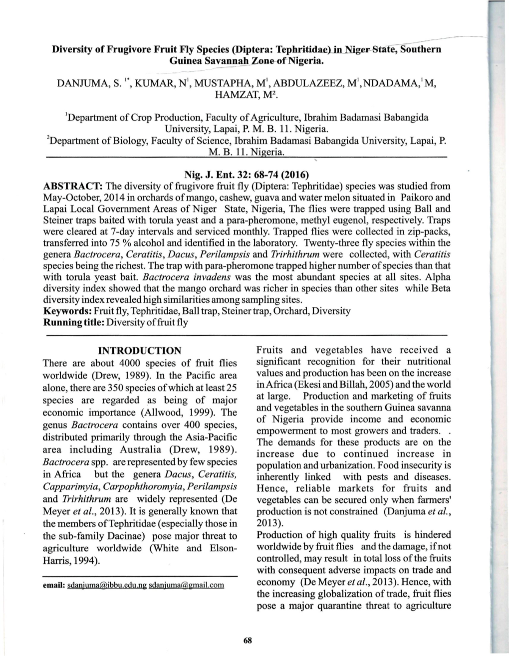 Diversity of Frugivore Fruit Fly Species (Diptera: Tephr-Itid.Ae.)Ijlnige.R~- Guinea Savannah------Zone--Offiigeria