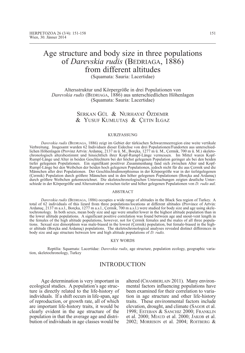 Age Structure and Body Size in Three Populations of Darevskia Rudis (Bedriaga , 1886) from Different Altitudes (Squamata: Sauria: Lacertidae)