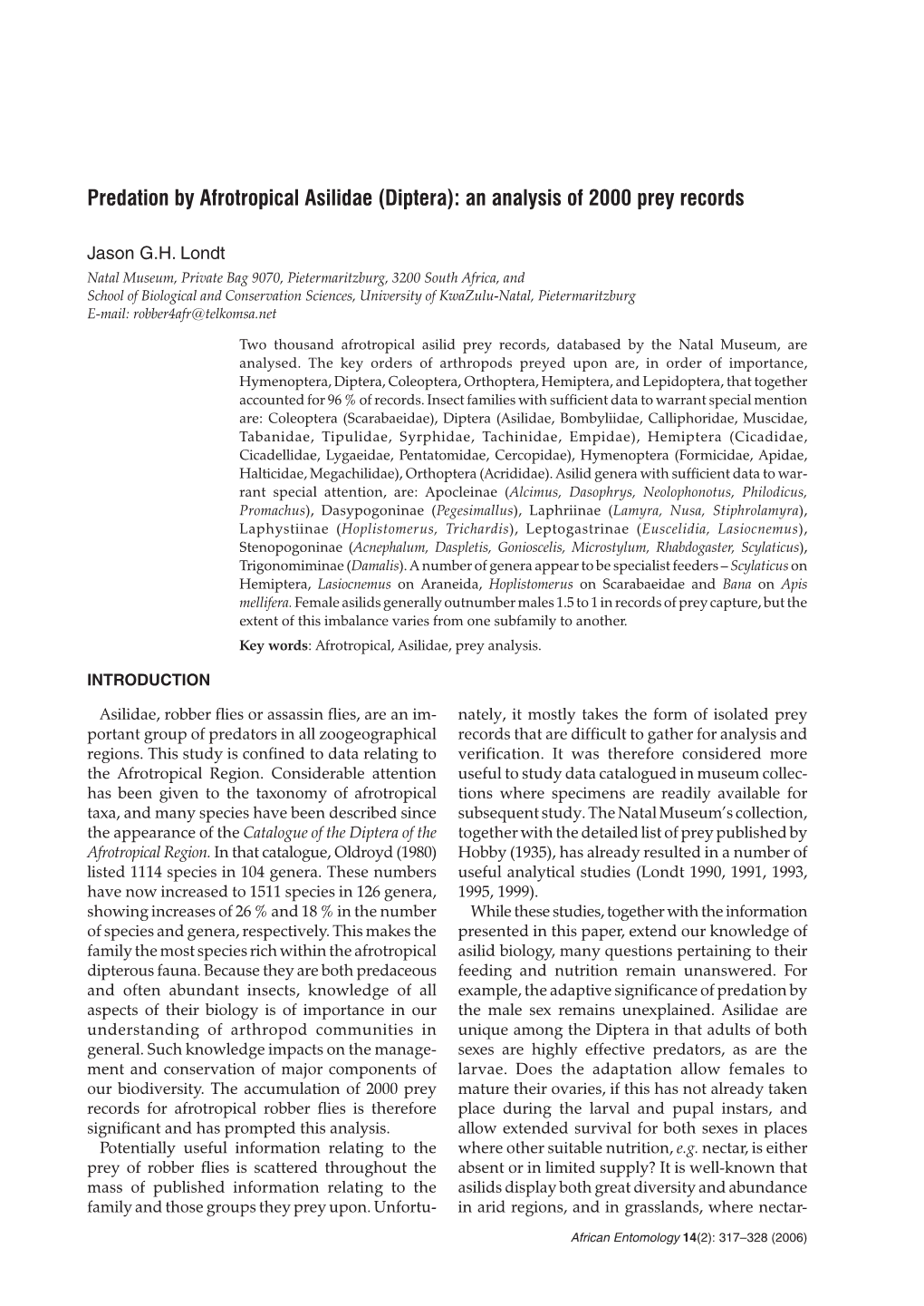 Predation by Afrotropical Asilidae (Diptera): an Analysis of 2000 Prey Records