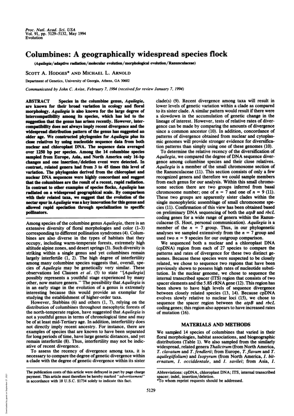 Columbines: a Geographically Widespread Species Flock (Aquilegia/Adaptive Radiation/Molecular Evolution/Morphological Evolution/Ranunculaceae) Scotr A