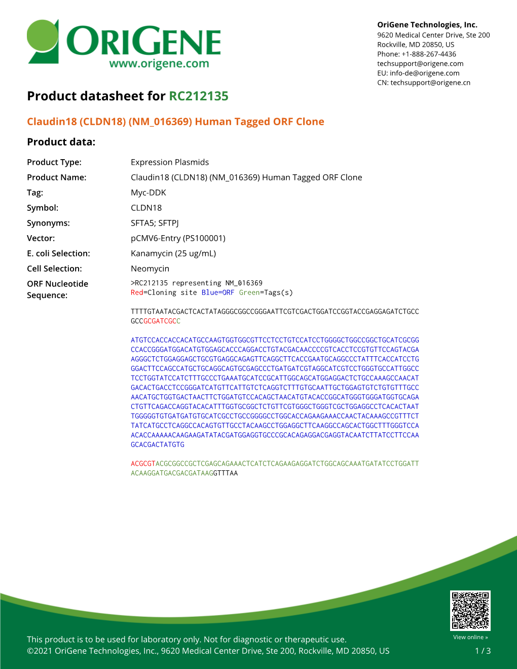 Claudin18 (CLDN18) (NM 016369) Human Tagged ORF Clone Product Data