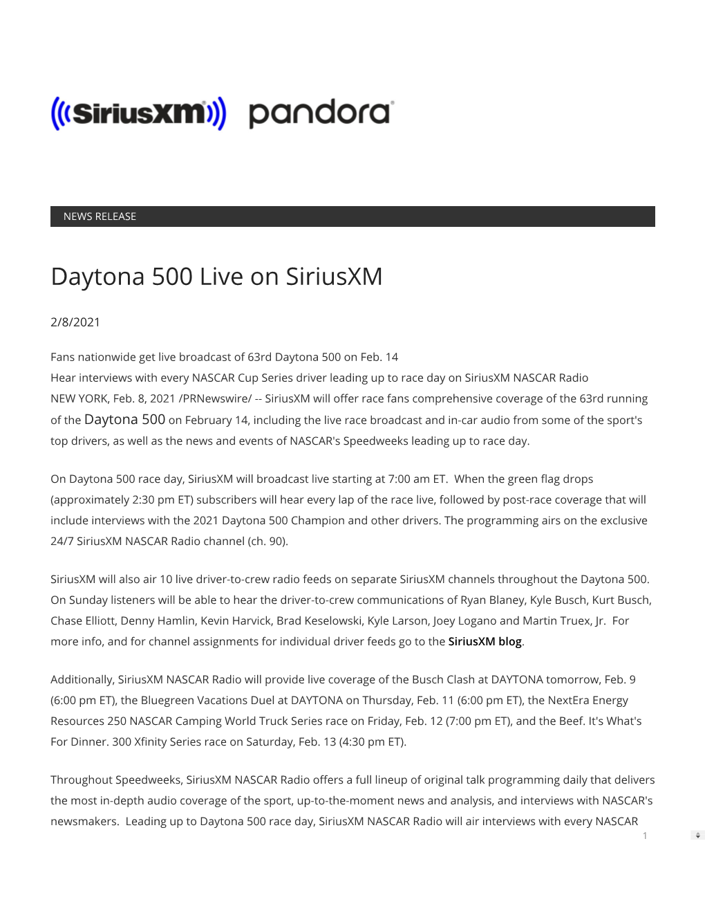 Daytona 500 Live on Siriusxm