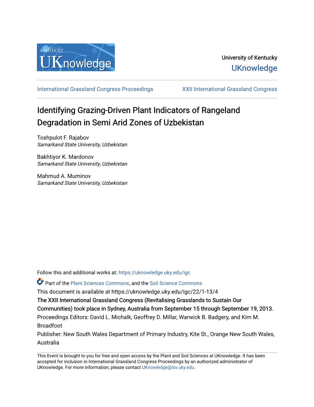 Identifying Grazing-Driven Plant Indicators of Rangeland Degradation in Semi Arid Zones of Uzbekistan