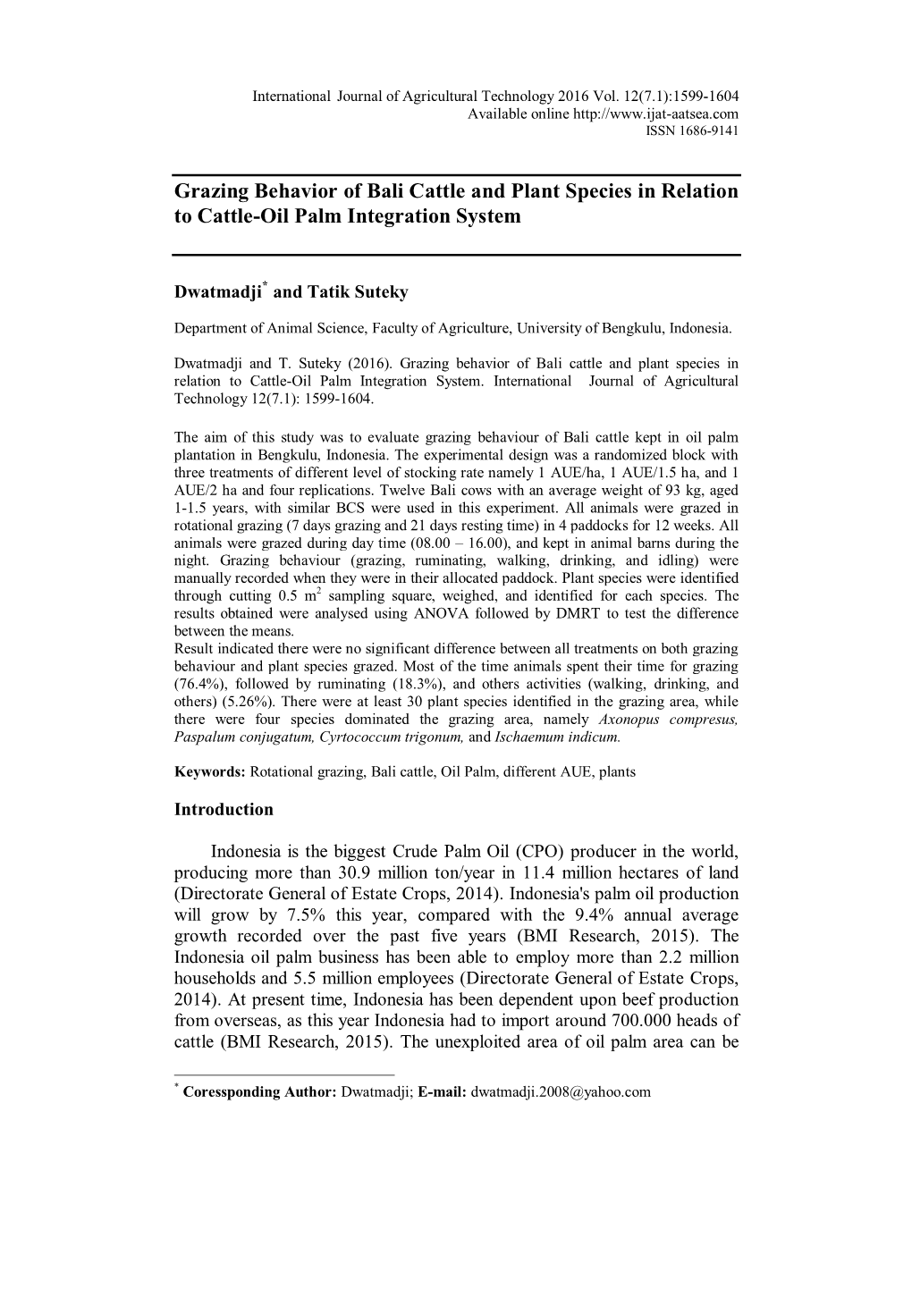 Grazing Behavior of Bali Cattle and Plant Species in Relation to Cattle-Oil Palm Integration System