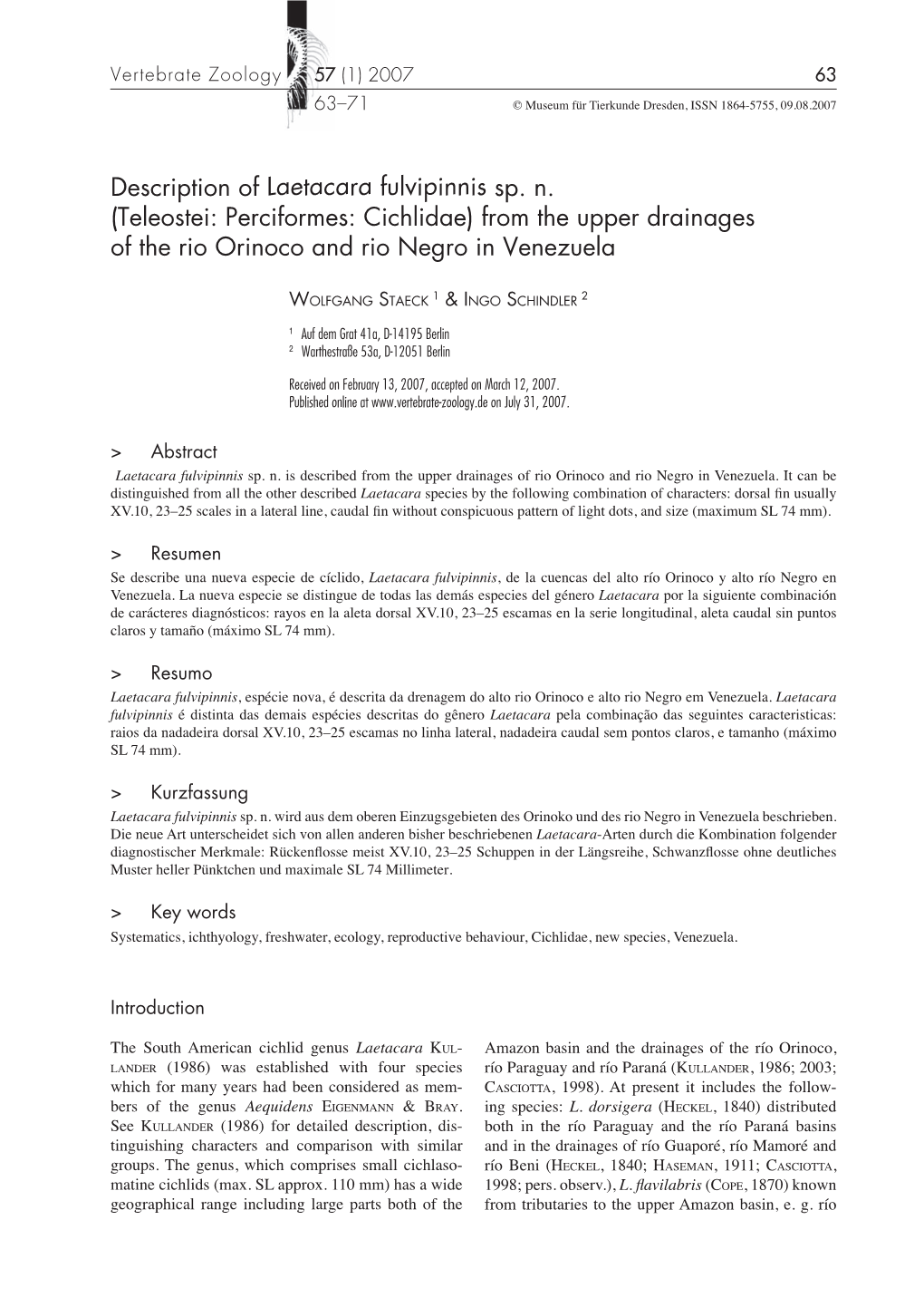 Description of Laetacara Fulvipinnis Sp. N. (Teleostei: Perciformes: Cichlidae) from the Upper Drainages of the Rio Orinoco and Rio Negro in Venezuela