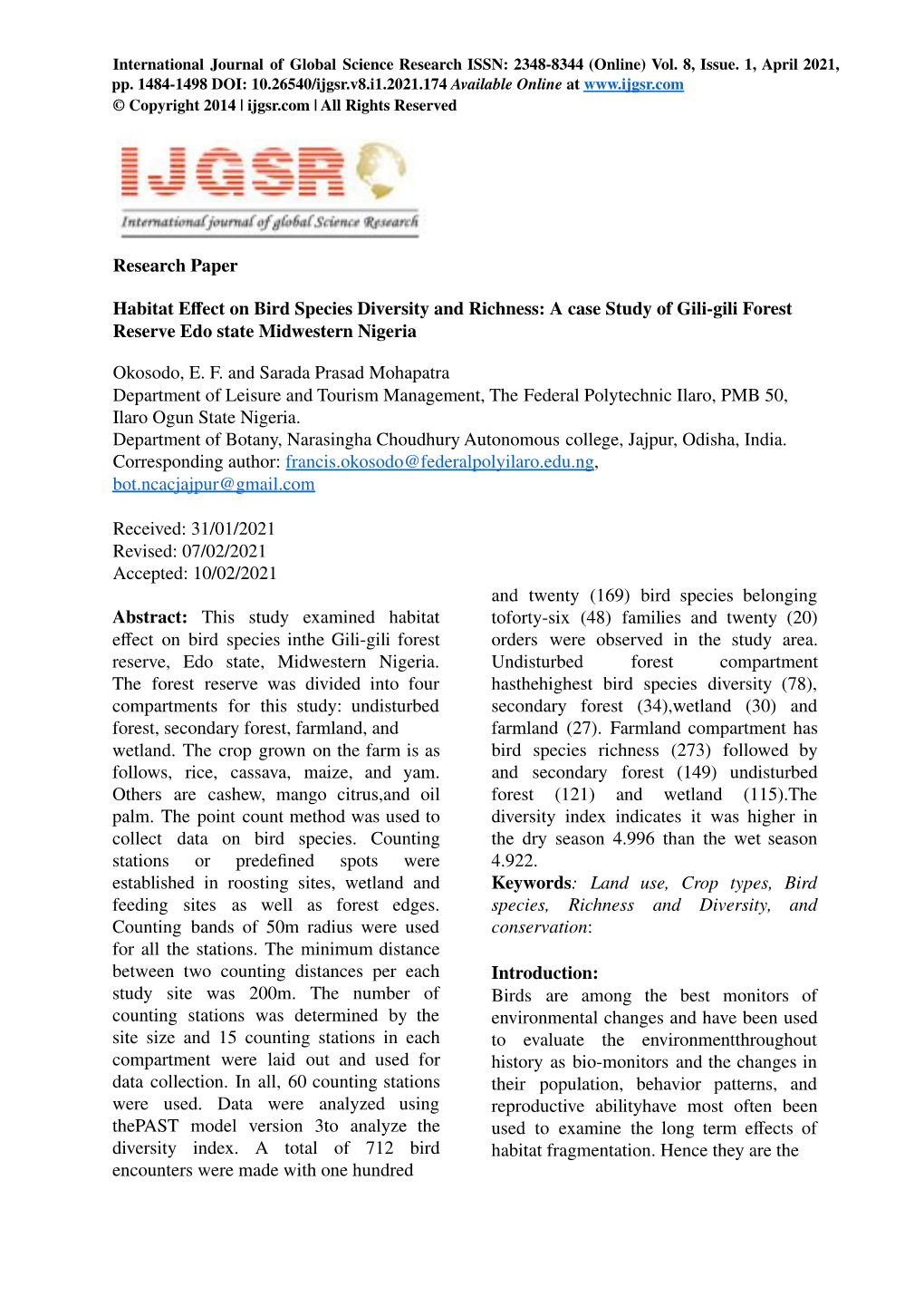 Research Paper Habitat Effect on Bird Species Diversity and Richness: A