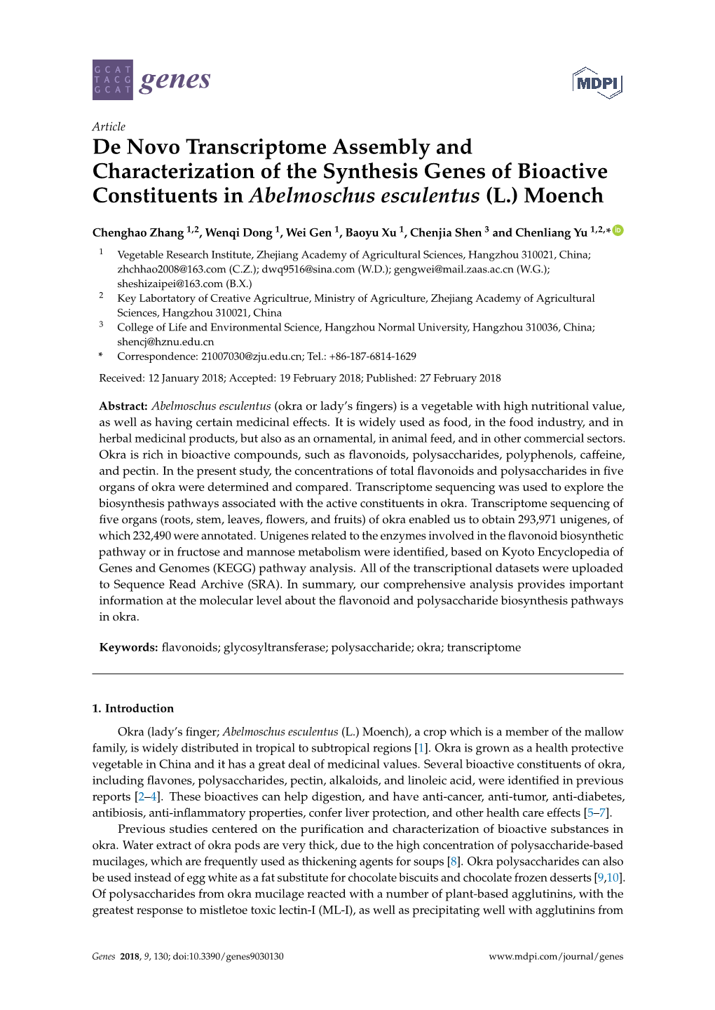 De Novo Transcriptome Assembly and Characterization of the Synthesis Genes of Bioactive Constituents in Abelmoschus Esculentus (L.) Moench