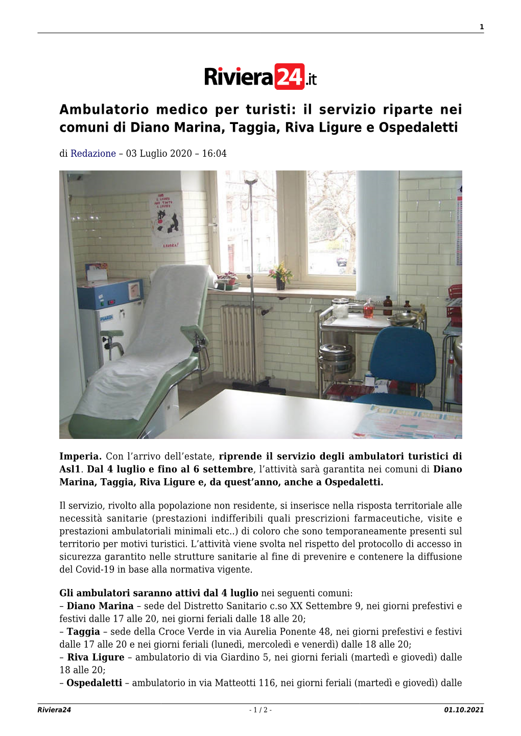 Ambulatorio Medico Per Turisti: Il Servizio Riparte Nei Comuni Di Diano Marina, Taggia, Riva Ligure E Ospedaletti