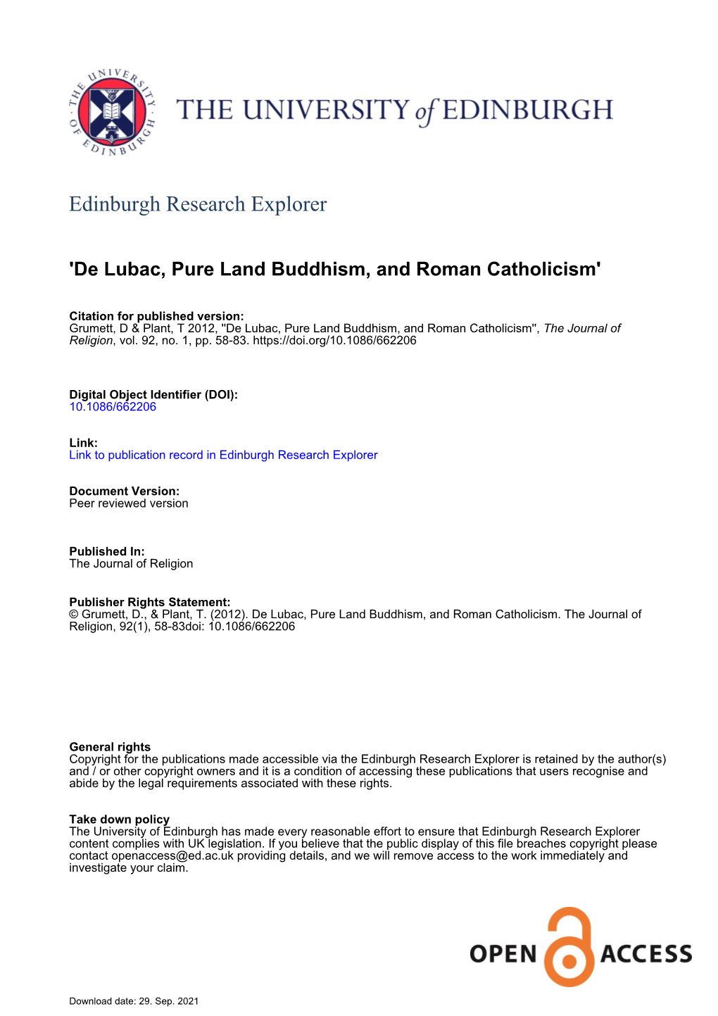 De Lubac, Pure Land Buddhism, and Roman Catholicism'