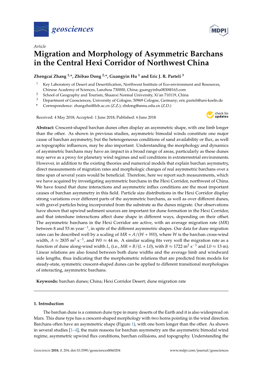 Migration and Morphology of Asymmetric Barchans in the Central Hexi Corridor of Northwest China