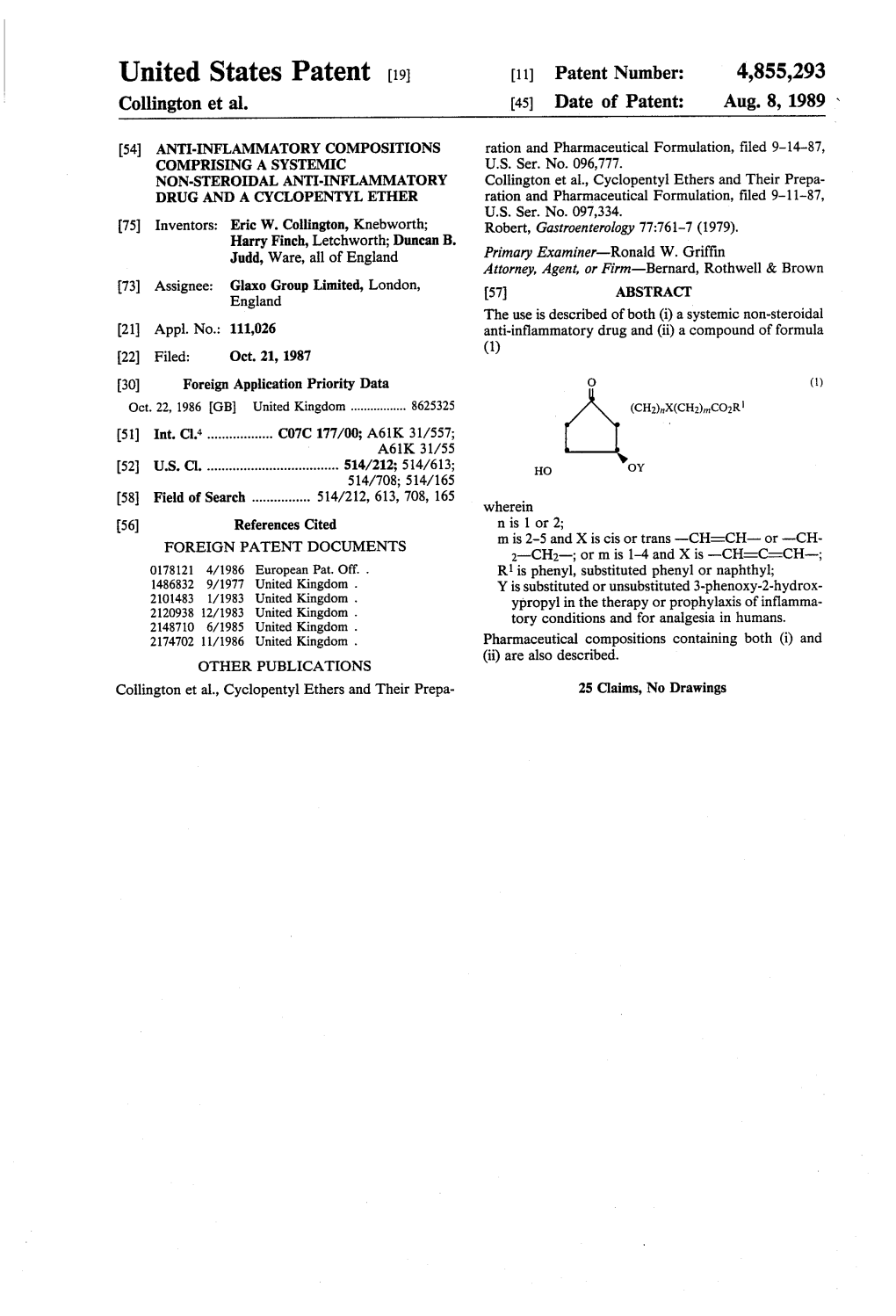 United States Patent (19) 11 Patent Number: 4,855,293 Collington Et Al