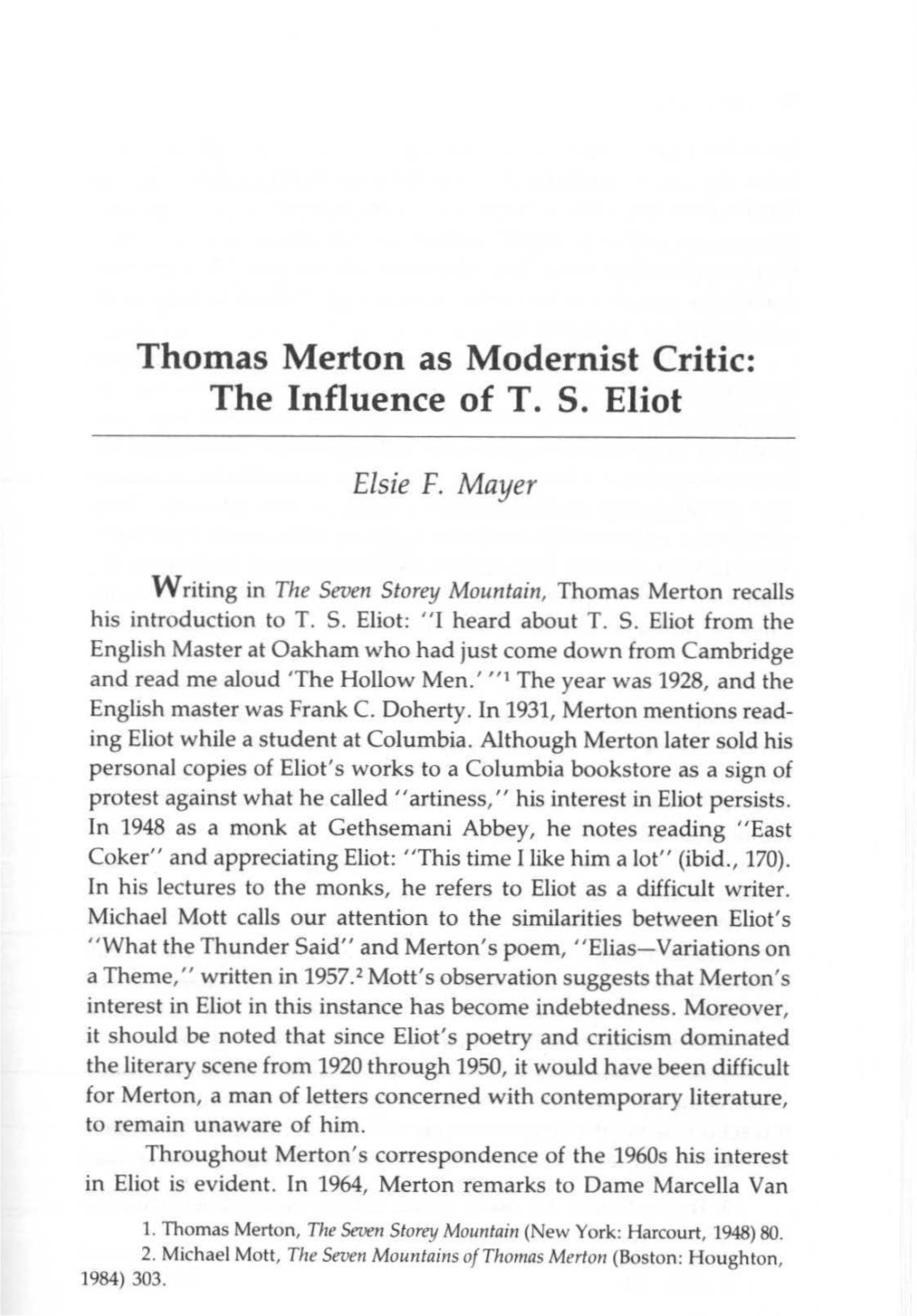 Thomas Merton As Modernist Critic: the Influence of T. S. Eliot