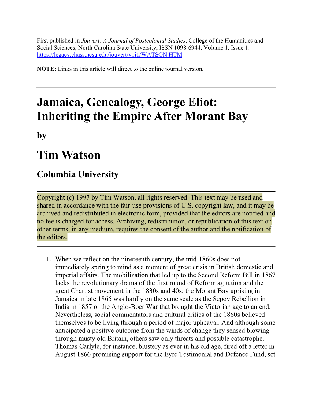 Jamaica, Genealogy, George Eliot: Inheriting the Empire After Morant Bay by Tim Watson Columbia University
