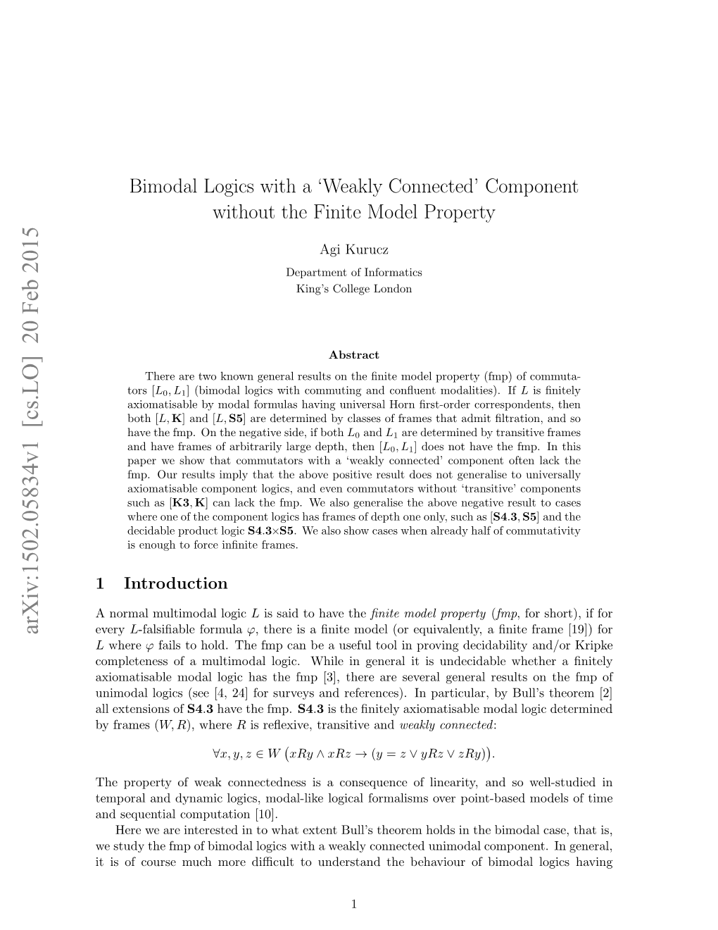 Bimodal Logics with Aweakly Connected'component Without The