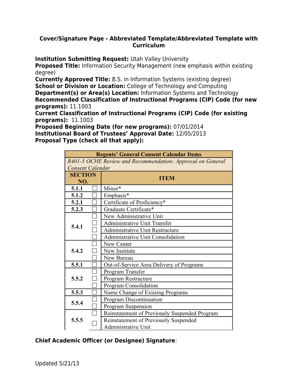 Cover/Signature Page - Abbreviated Template/Abbreviated Template with Curriculum