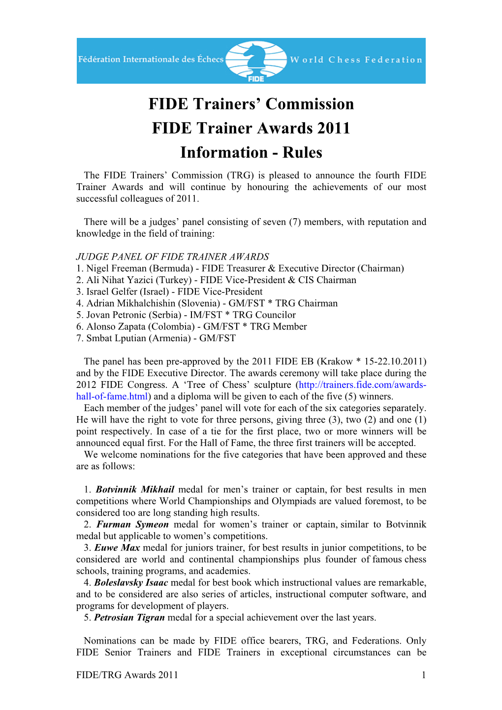 Rules for Trainers Awards 2011