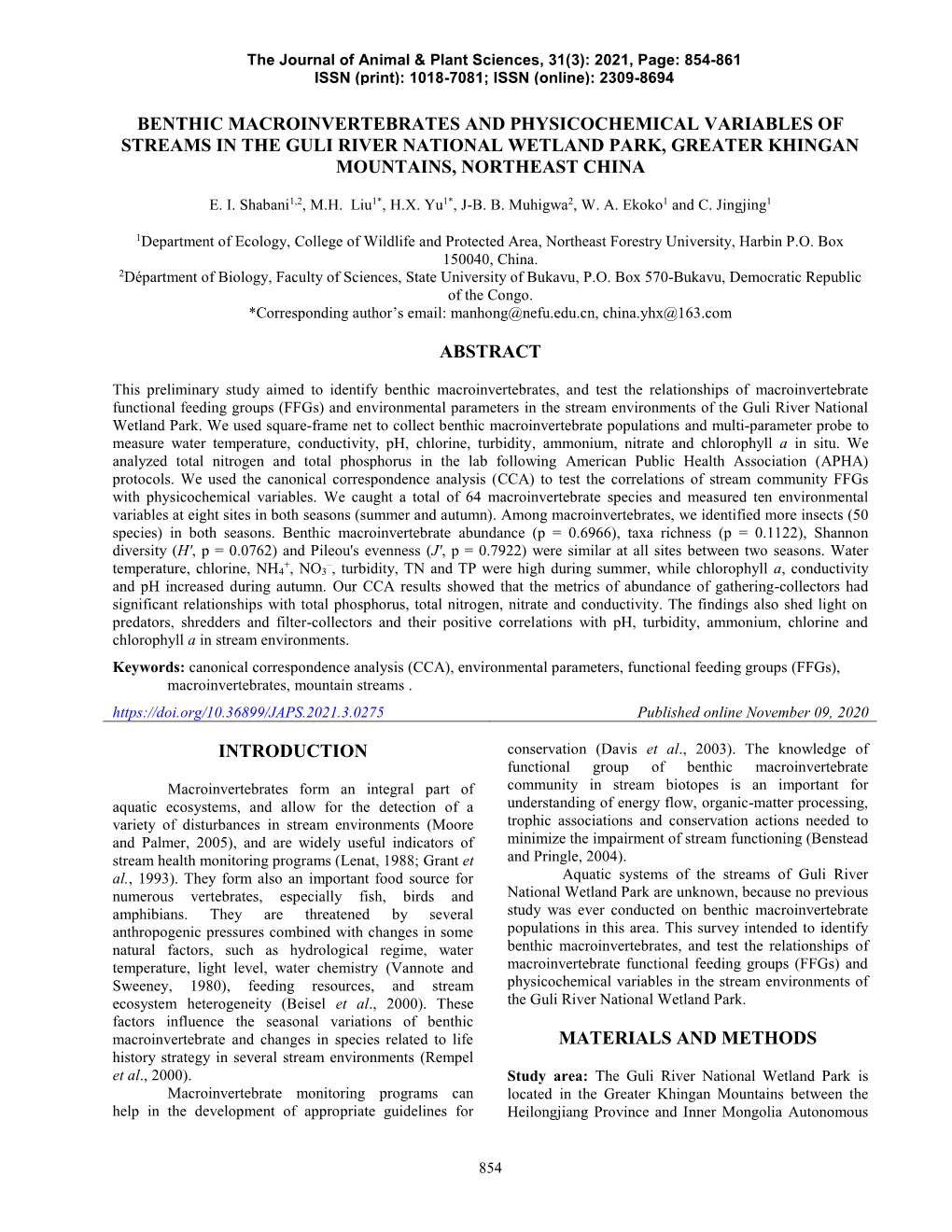 Benthic Macroinvertebrates and Physicochemical Variables of Streams in the Guli River National Wetland Park, Greater Khingan Mountains, Northeast China