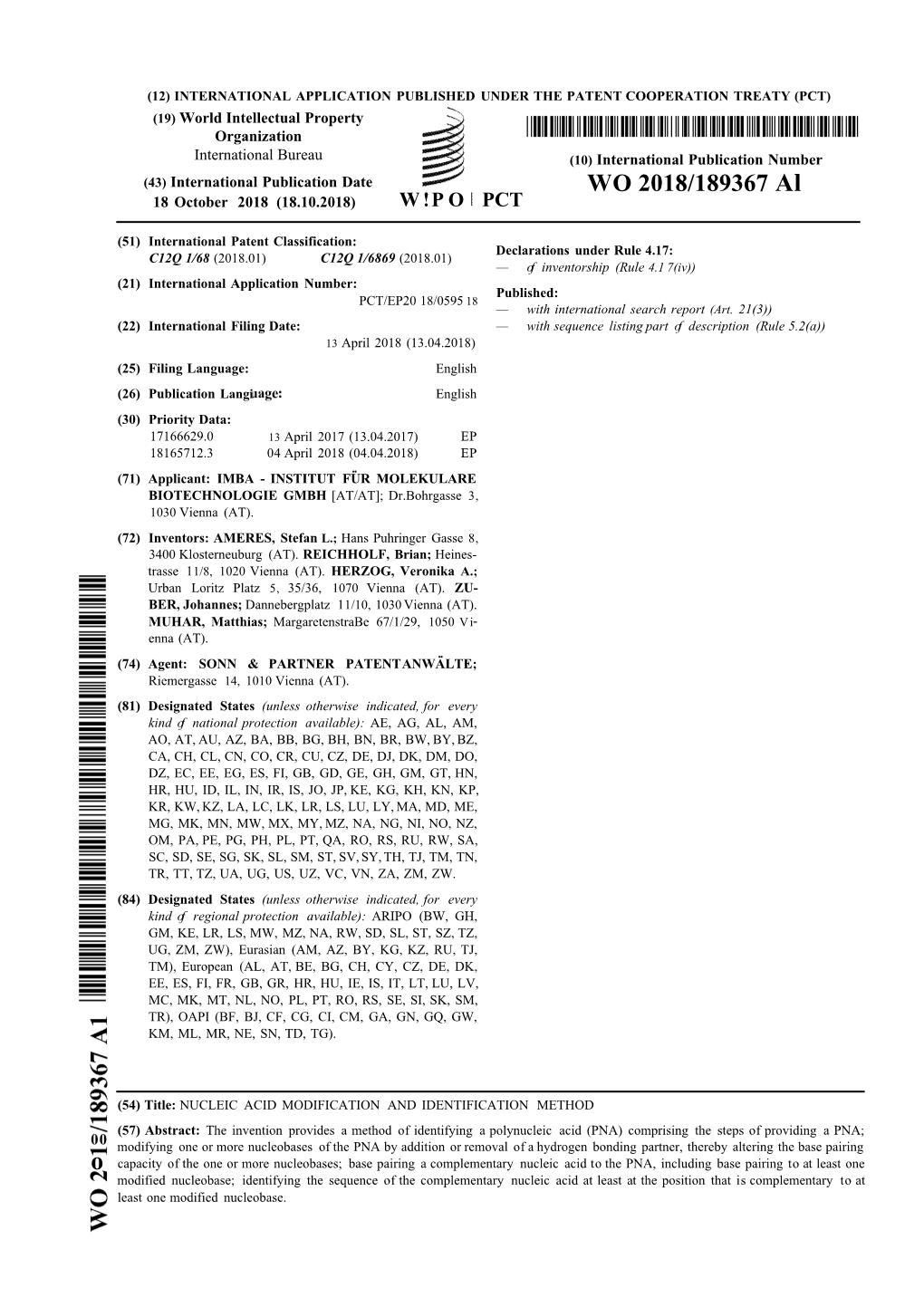 WO 2018/189367 Al 18 October 2018 (18.10.2018) W !P O PCT