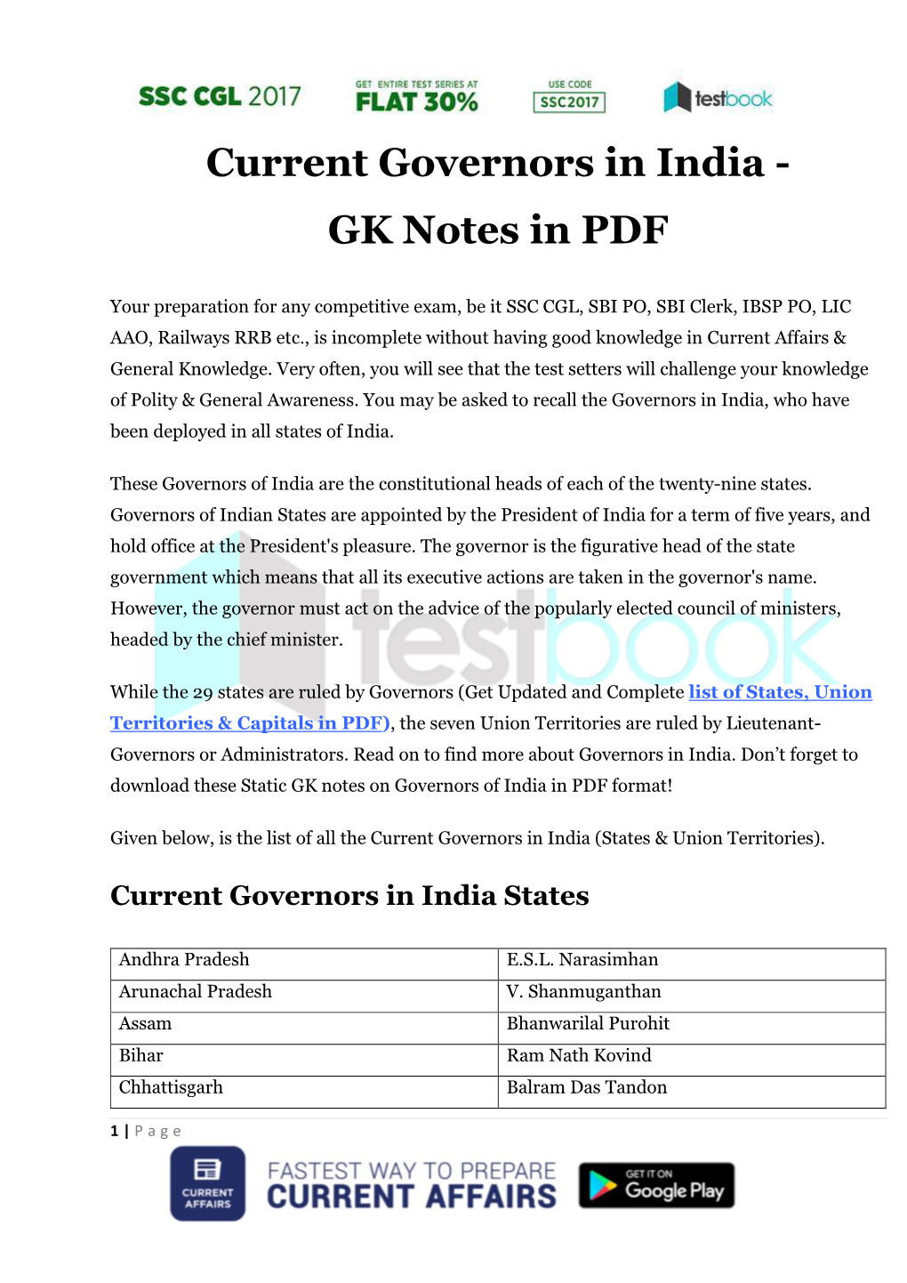 Current Governors in India - GK Notes in PDF