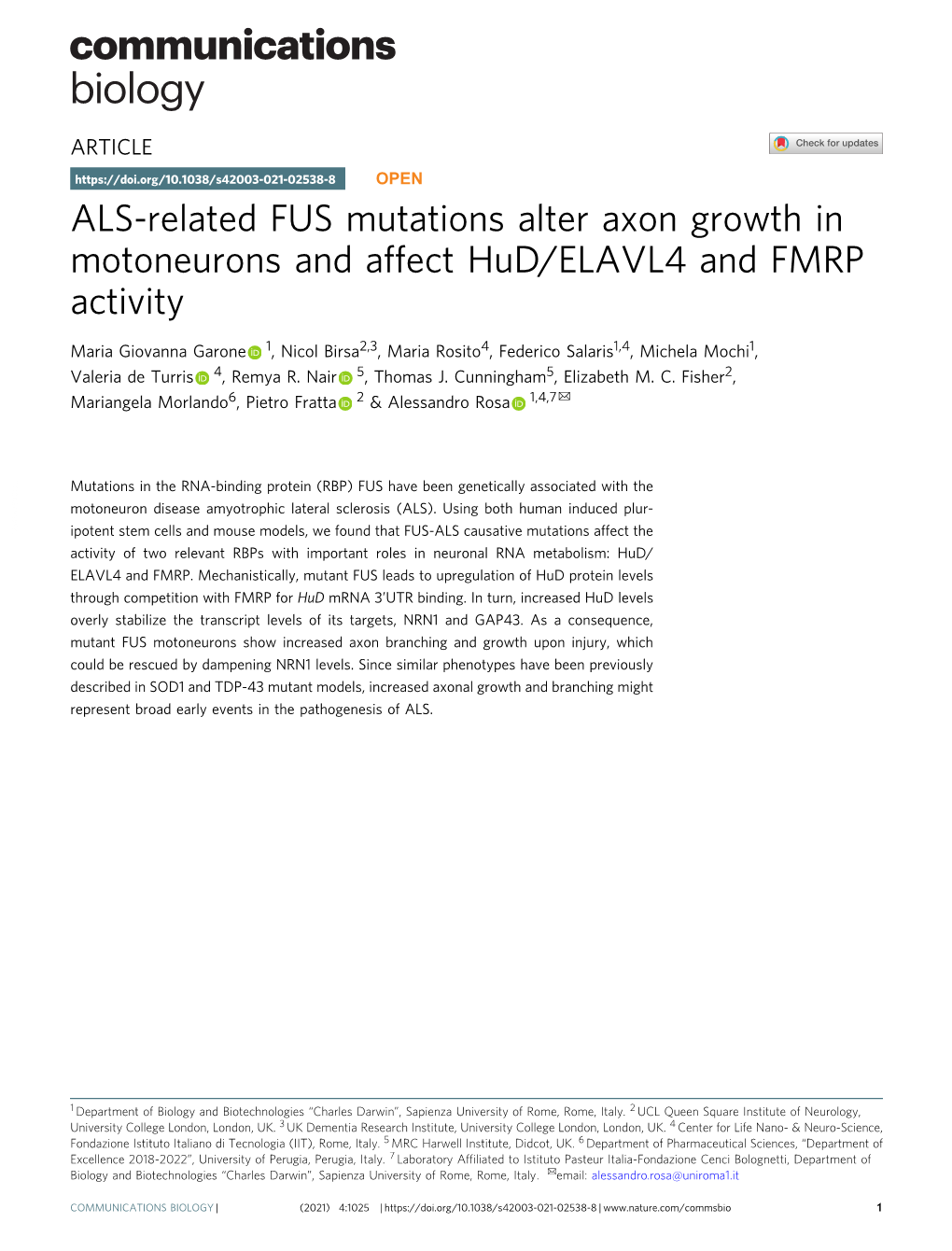 ALS-Related FUS Mutations Alter Axon Growth in Motoneurons and Affect Hud/ELAVL4 and FMRP Activity