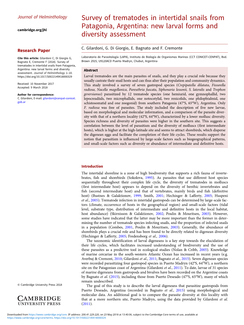 Survey of Trematodes in Intertidal Snails from Patagonia, Argentina: New Larval Forms and Cambridge.Org/Jhl Diversity Assessment