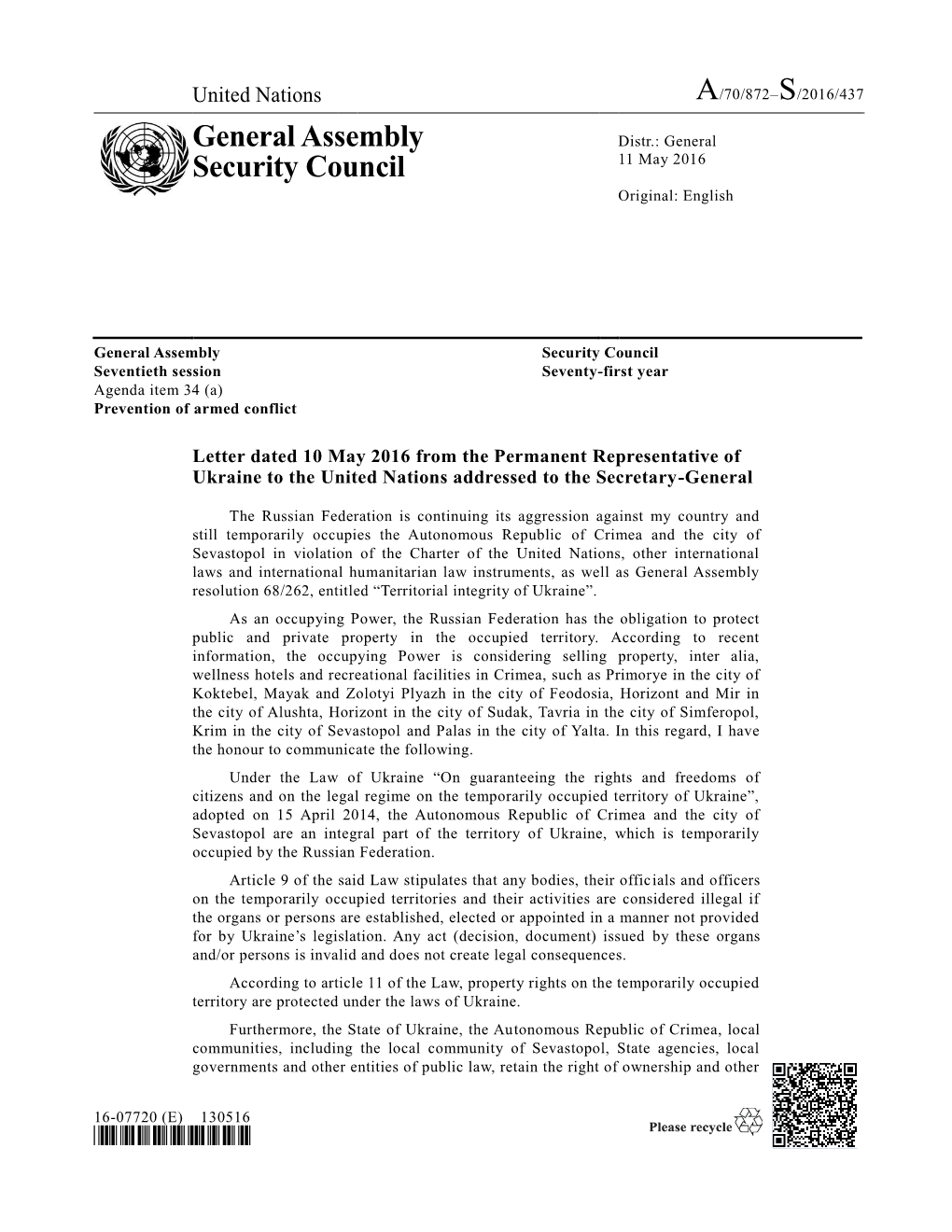 General Assembly Security Council Seventieth Session Seventy-First Year Agenda Item 34 (A) Prevention of Armed Conflict