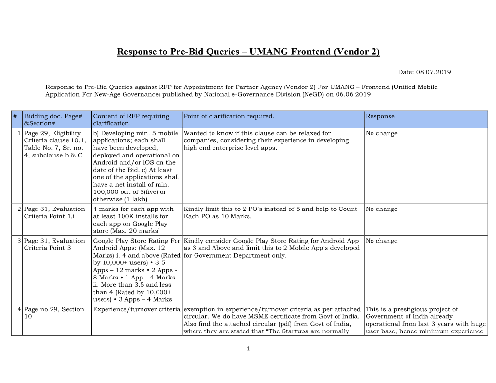 Response to Pre-Bid Queries – UMANG Frontend (Vendor 2)