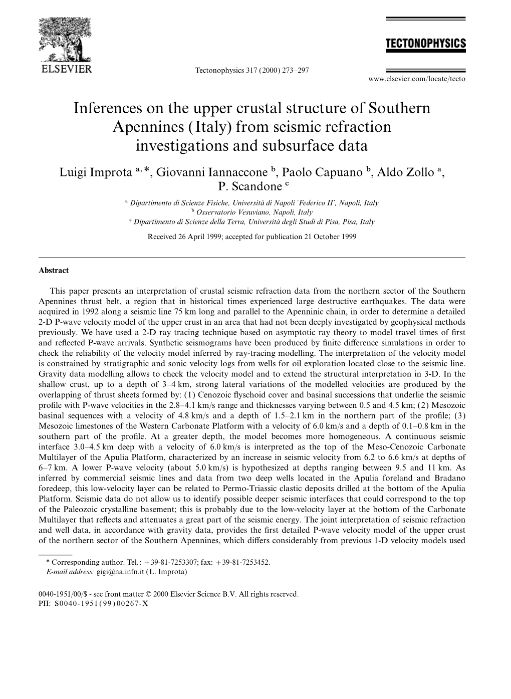 Inferences on the Upper Crustal Structure of Southern Apennines (Italy) from Seismic Refraction Investigations and Subsurface Data