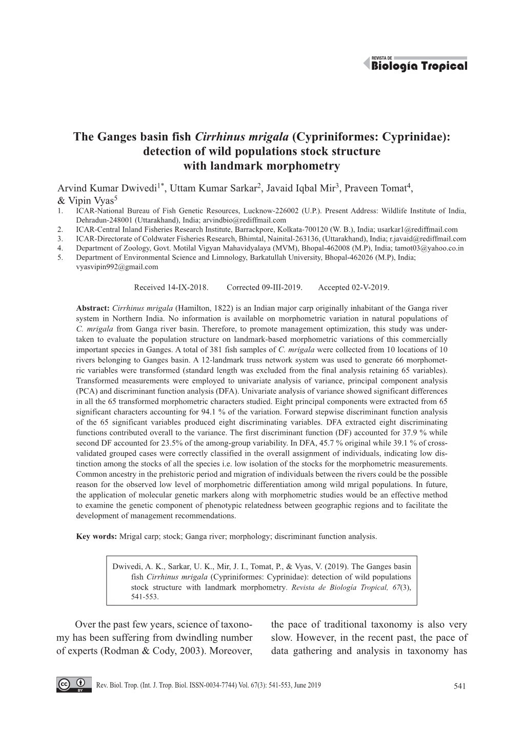 The Ganges Basin Fish Cirrhinus Mrigala (Cypriniformes: Cyprinidae): Detection of Wild Populations Stock Structure with Landmark Morphometry