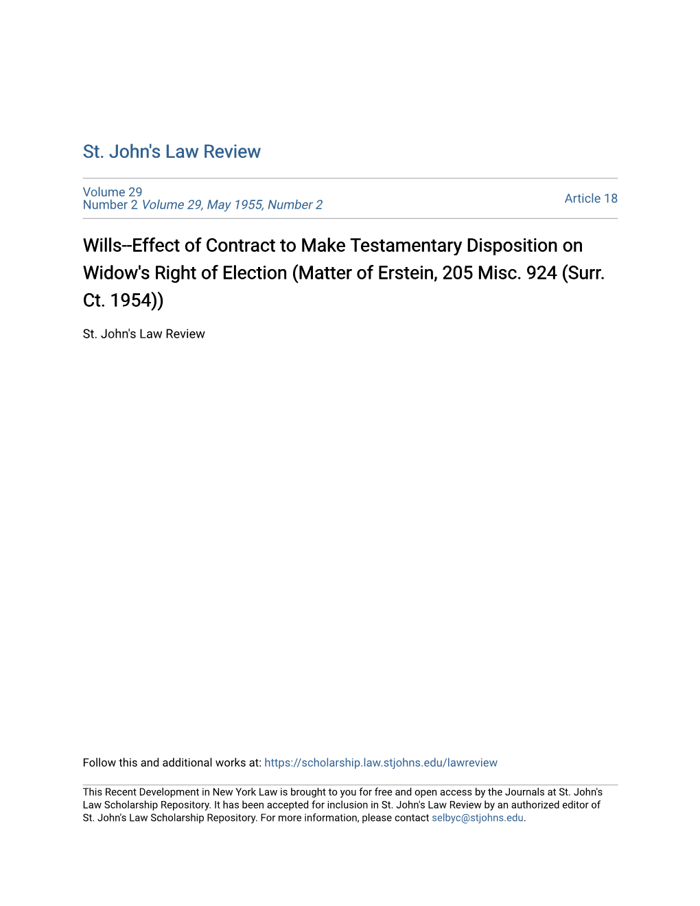 Wills--Effect of Contract to Make Testamentary Disposition on Widow's Right of Election (Matter of Erstein, 205 Misc. 924 (Surr