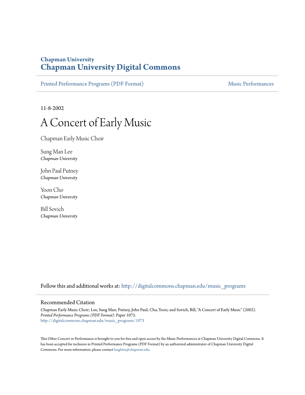 A Concert of Early Music Chapman Early Music Choir