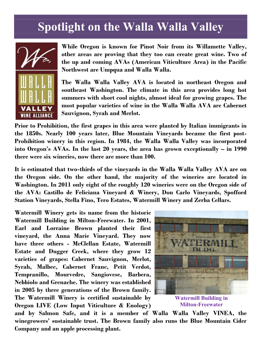 Spotlight on the Walla Walla Valley